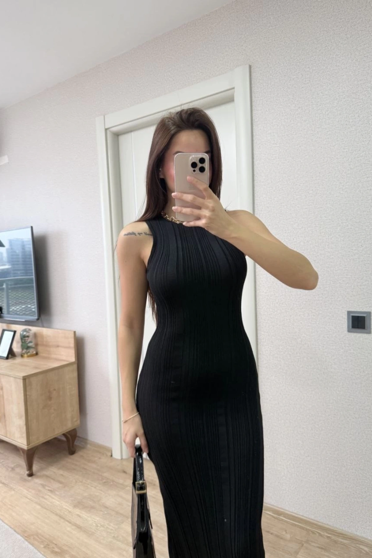 Fitilli Triko Elbise Kolsuz Sırtı Kapalı Maxi Uzun Boy - Siyah