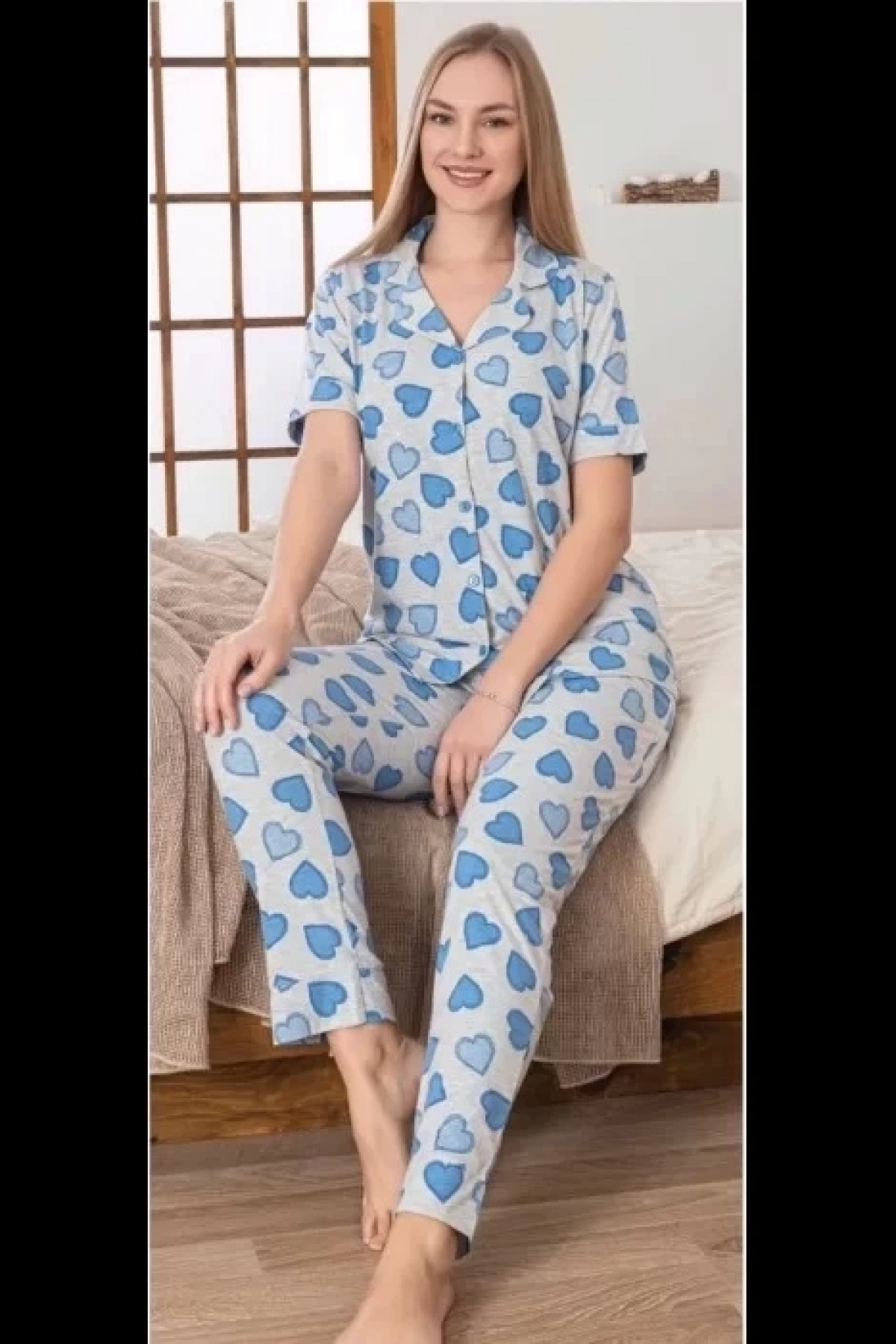 Freshness 108 Mavi Kalpli Patlı Kısa Kol Pijama Takımı