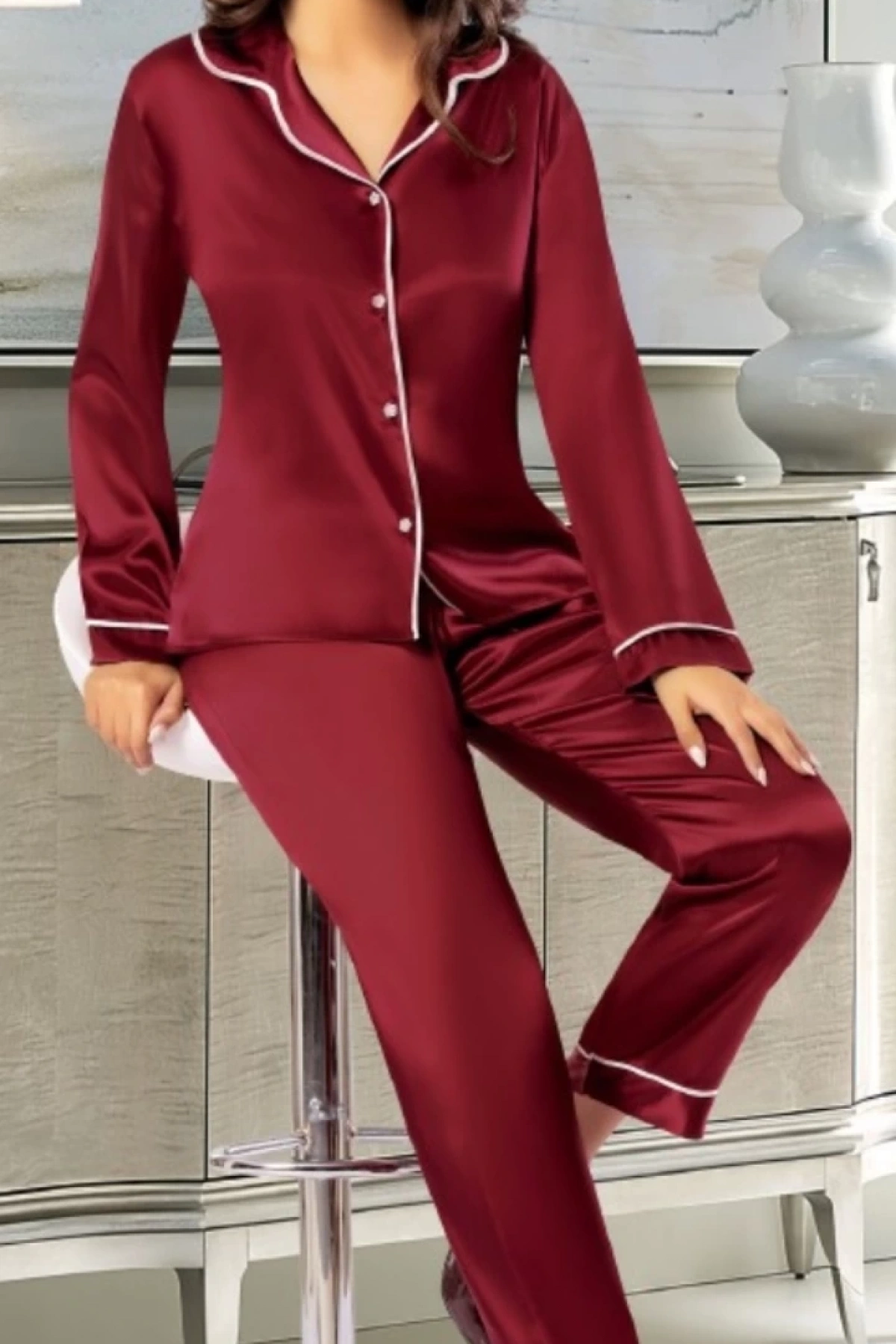 Freshness 2045 Saten Gömlek Yaka Patlı Pijama Takımı