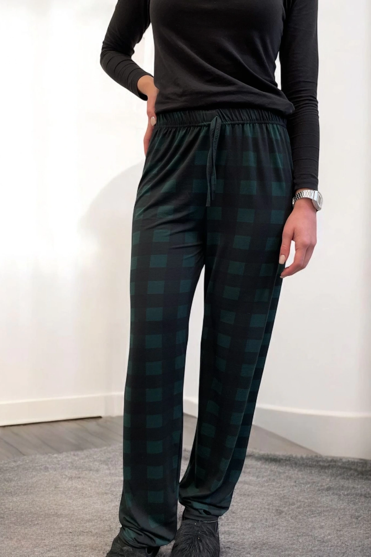 Freshness 801 Bayan Beli Lastikli Ekose Süet Tek Pijama Altı