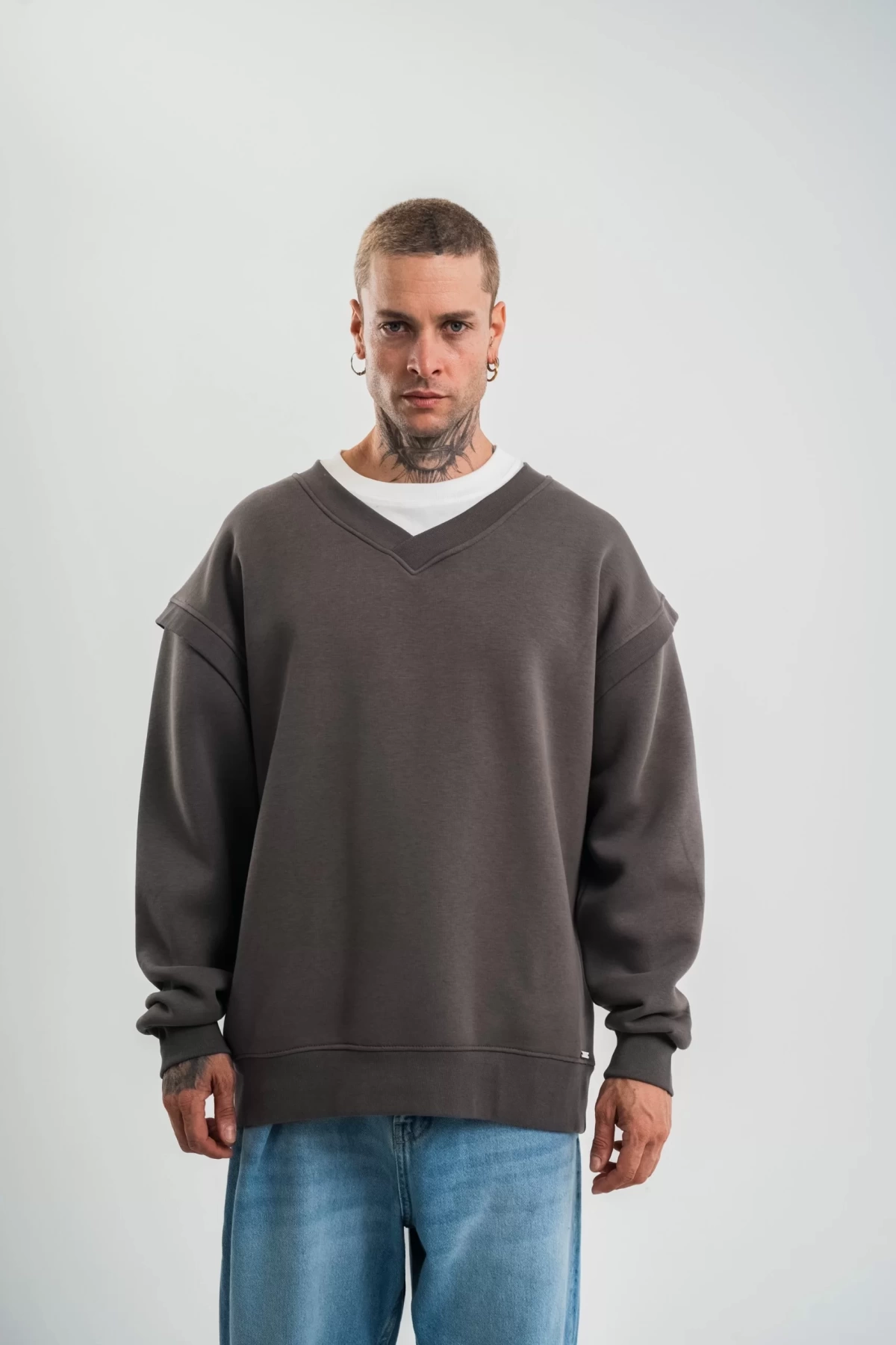 Geniş V yaka Kol Ribana Detaylı SweatShirt - Füme