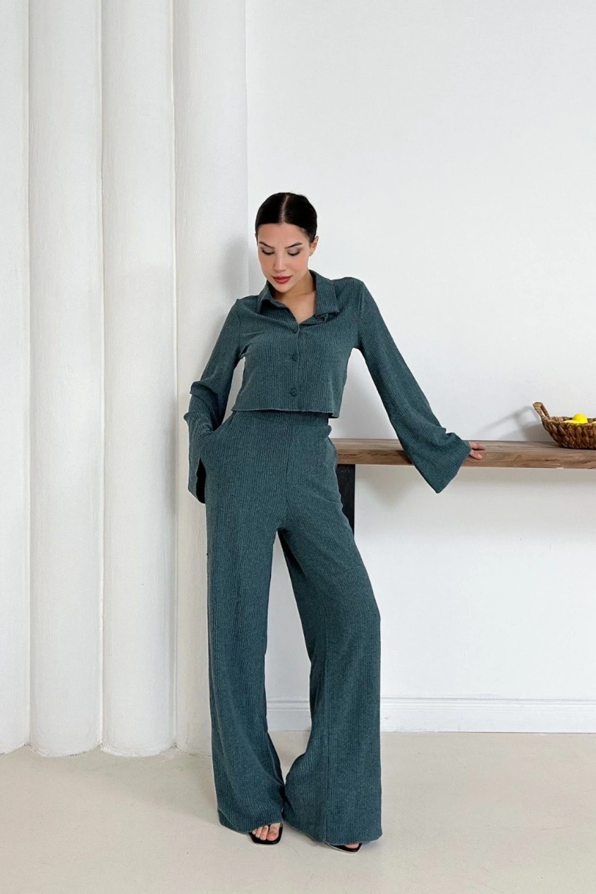 Gömlek yaka kaplama düğmeli takım petrol yeşili st265866