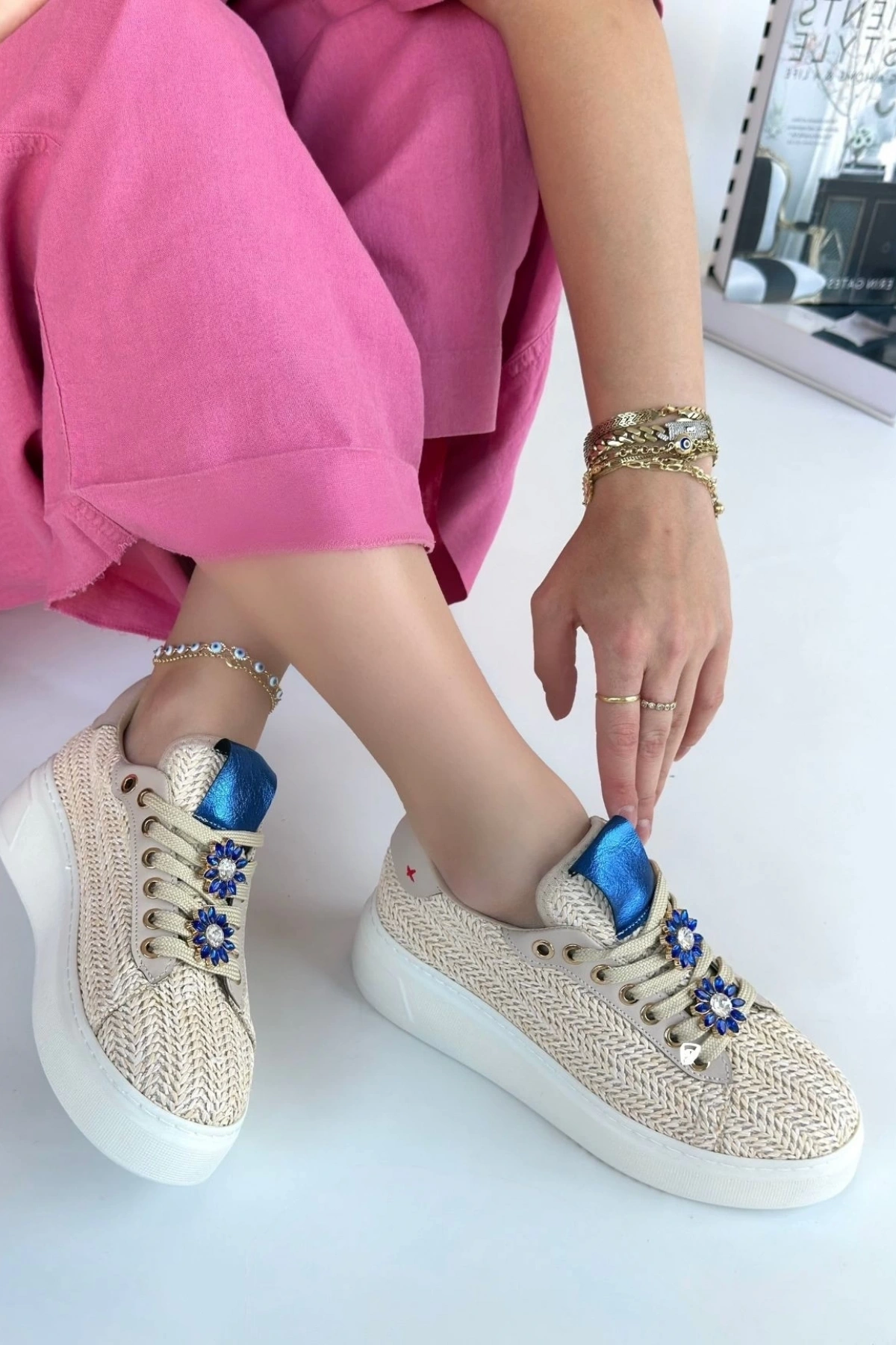 Iwer Bej Hasır Dokumalı Bağcıklı Spor Ayakkabı