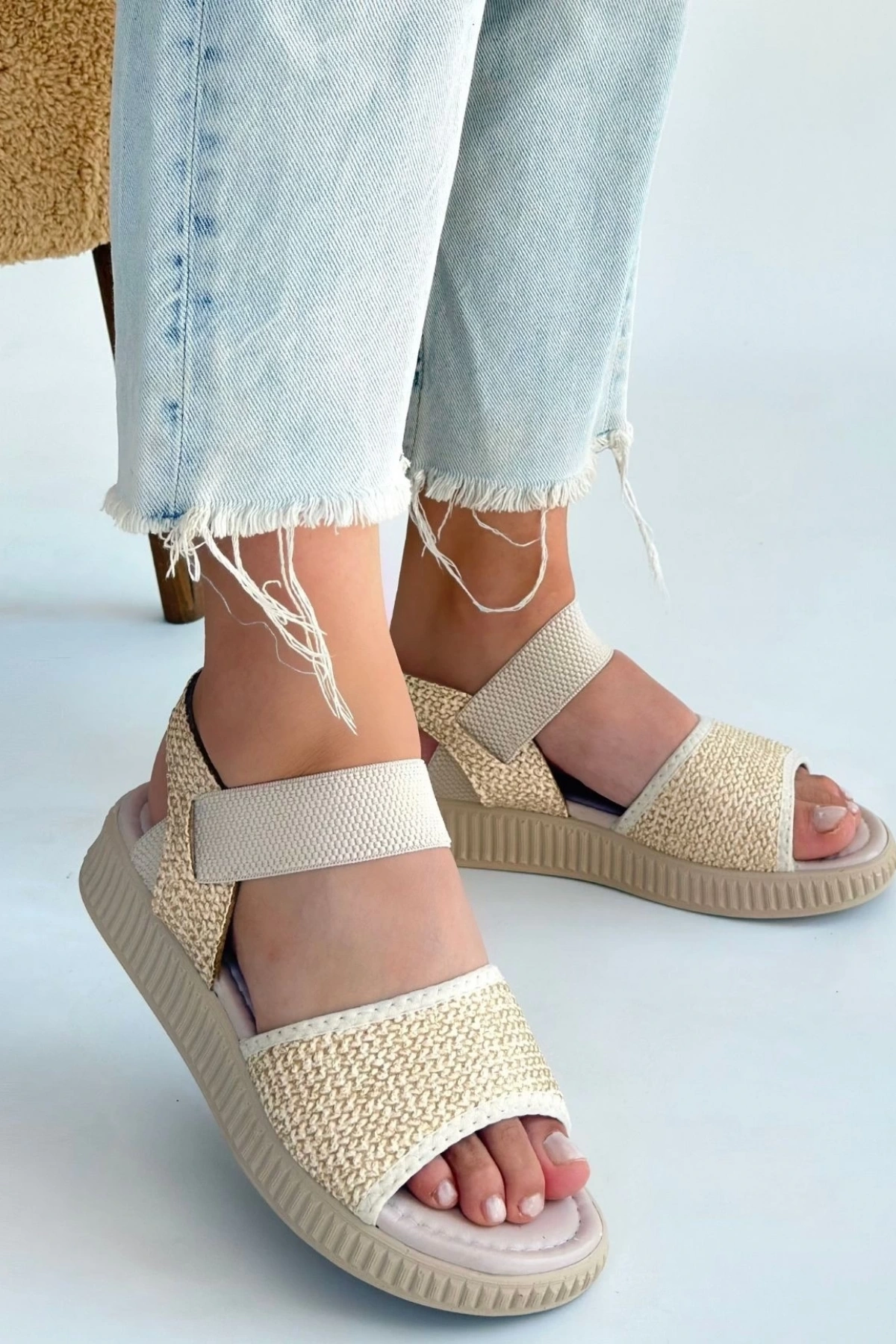 Jake Bej Hasır Cilt Sandalet