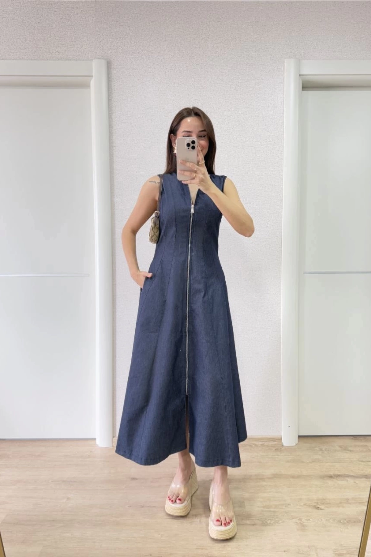 Jeans Kot Önü Tam Fermuarlı Uzun Elbise - Mavi