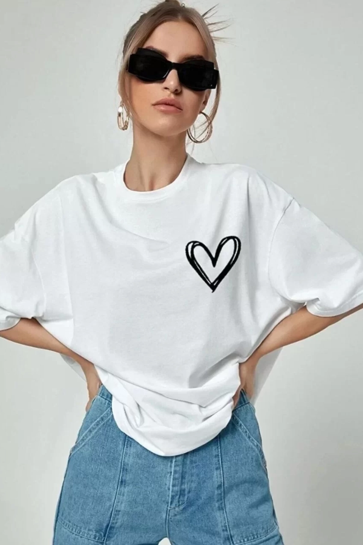 Kadın Bisiklet Yaka Baskılı Oversize T-Shirt - Beyaz