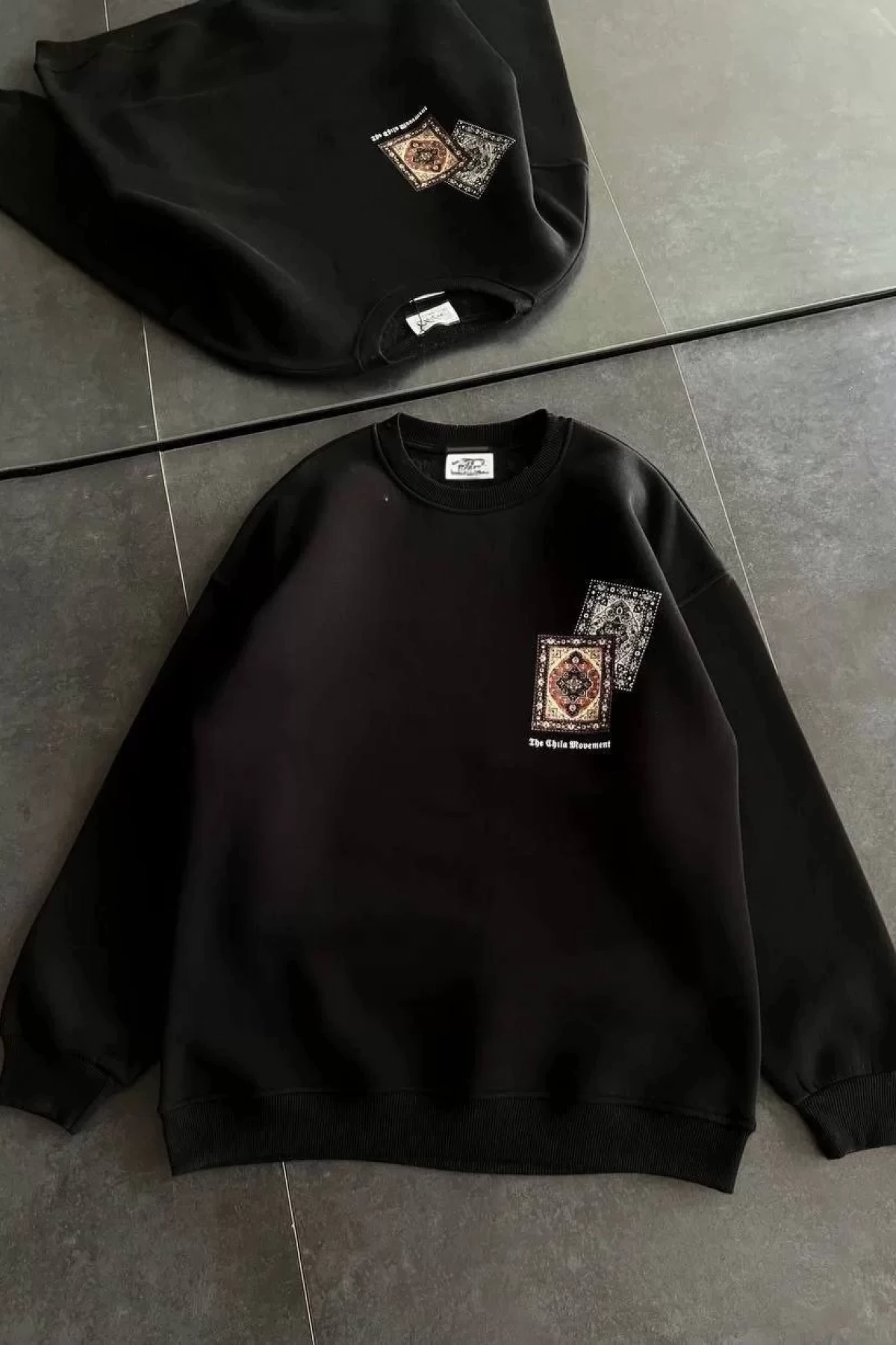 Kadın Bisiklet Yaka Baskılı SweatShirt - Siyah