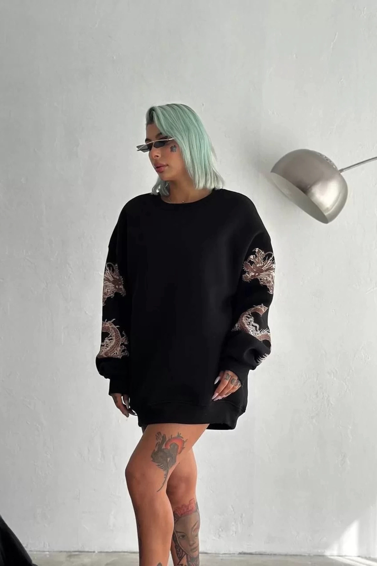 Kadın Bisiklet Yaka Baskılı SweatShirt - Siyah
