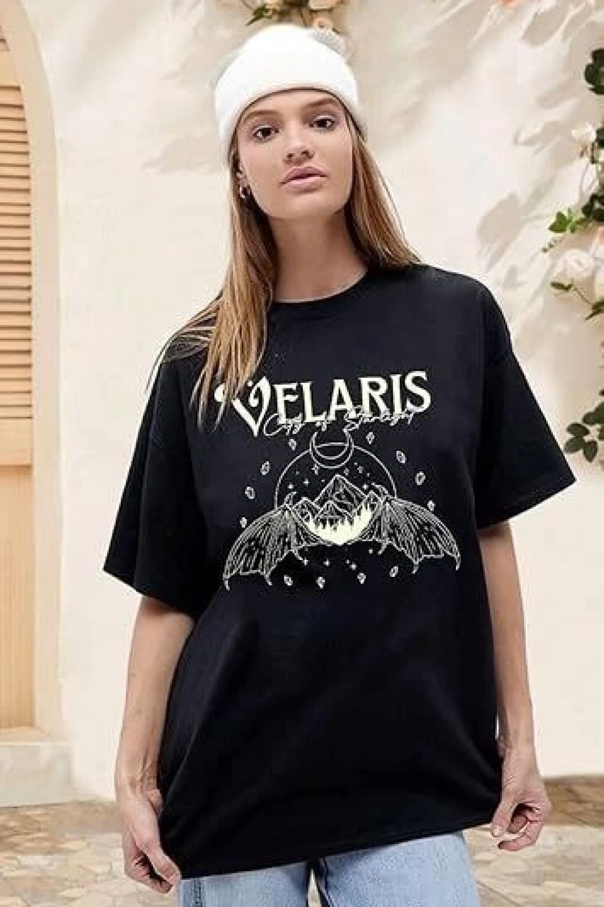 Kadın Bisiklet Yaka Baskılı T-shirt - Siyah