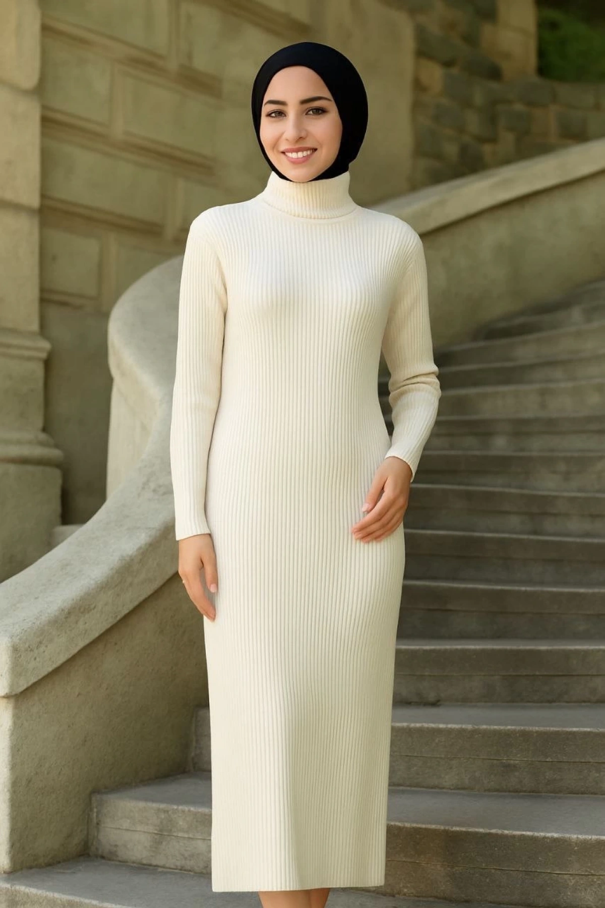 Kadın Tesettür Triko Elbise – Boğazlı Uzun Fitilli Dokuma, Esnek Tam Kalıp, 130 cm Midi Boy, Bahar & Kış Şık Rahat Stil - Beyaz