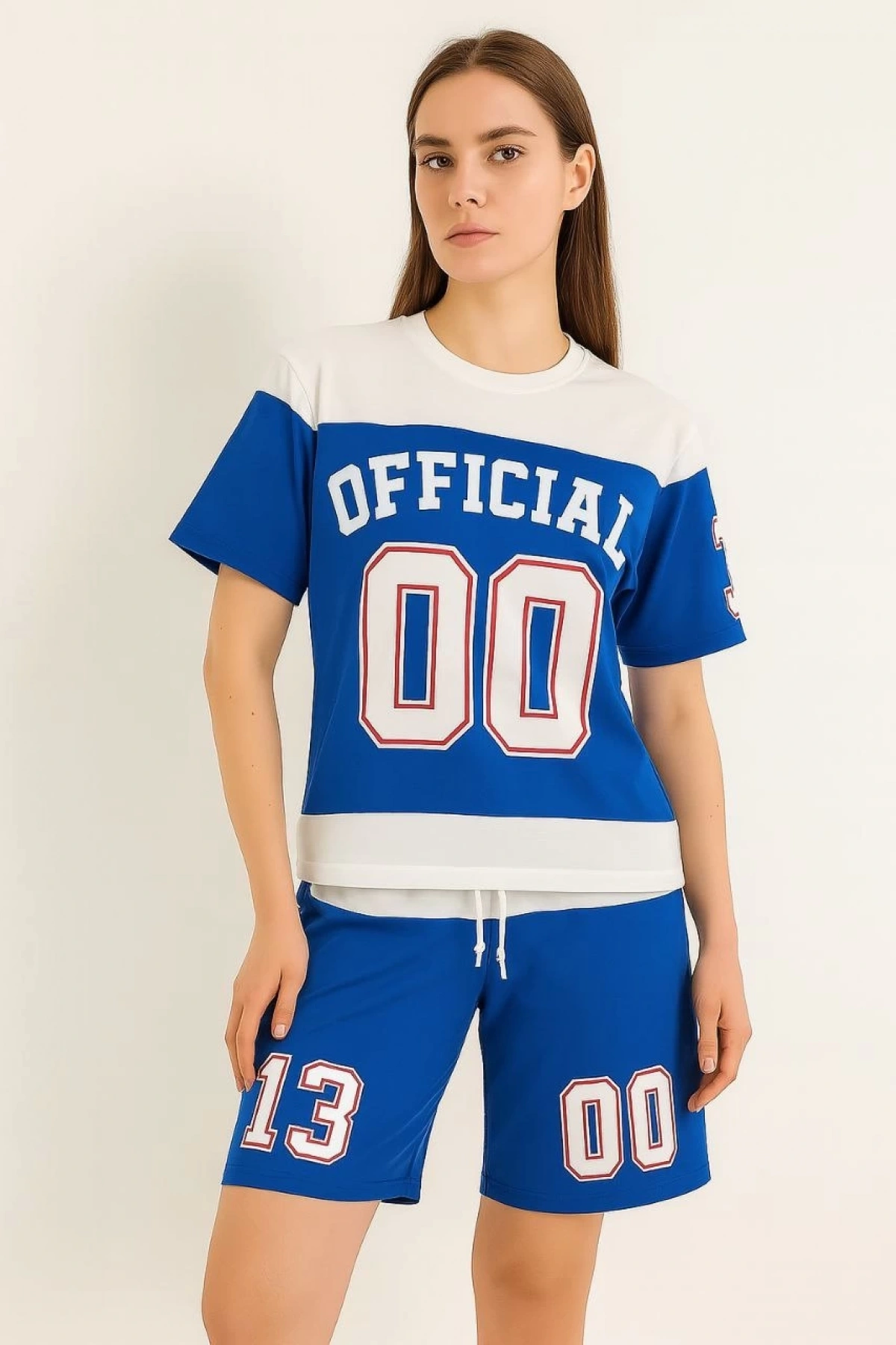 Kadın Şortlu Takım – Oversize İki İplik Kumaş, Ön & Arka Dijital Baskılı Tişört ve Lastikli Cepli Şort, Yazlık Günlük Spor Set - Mavi