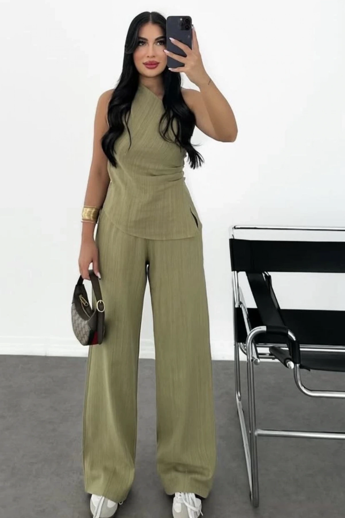 Kadın Keten Asimetrik Tek Omuzlu Bluz Pantalon Takım- Su Yeşili