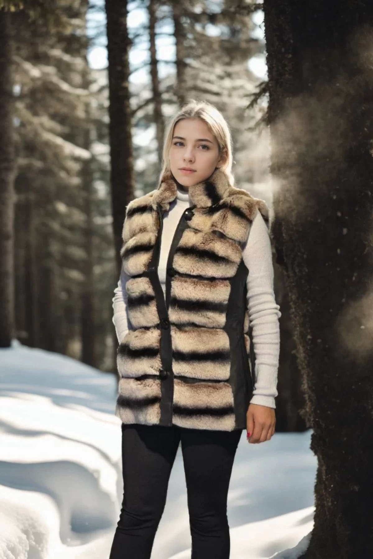 Kadın Kolsuz Hakiki Deri Kürk - Siyah