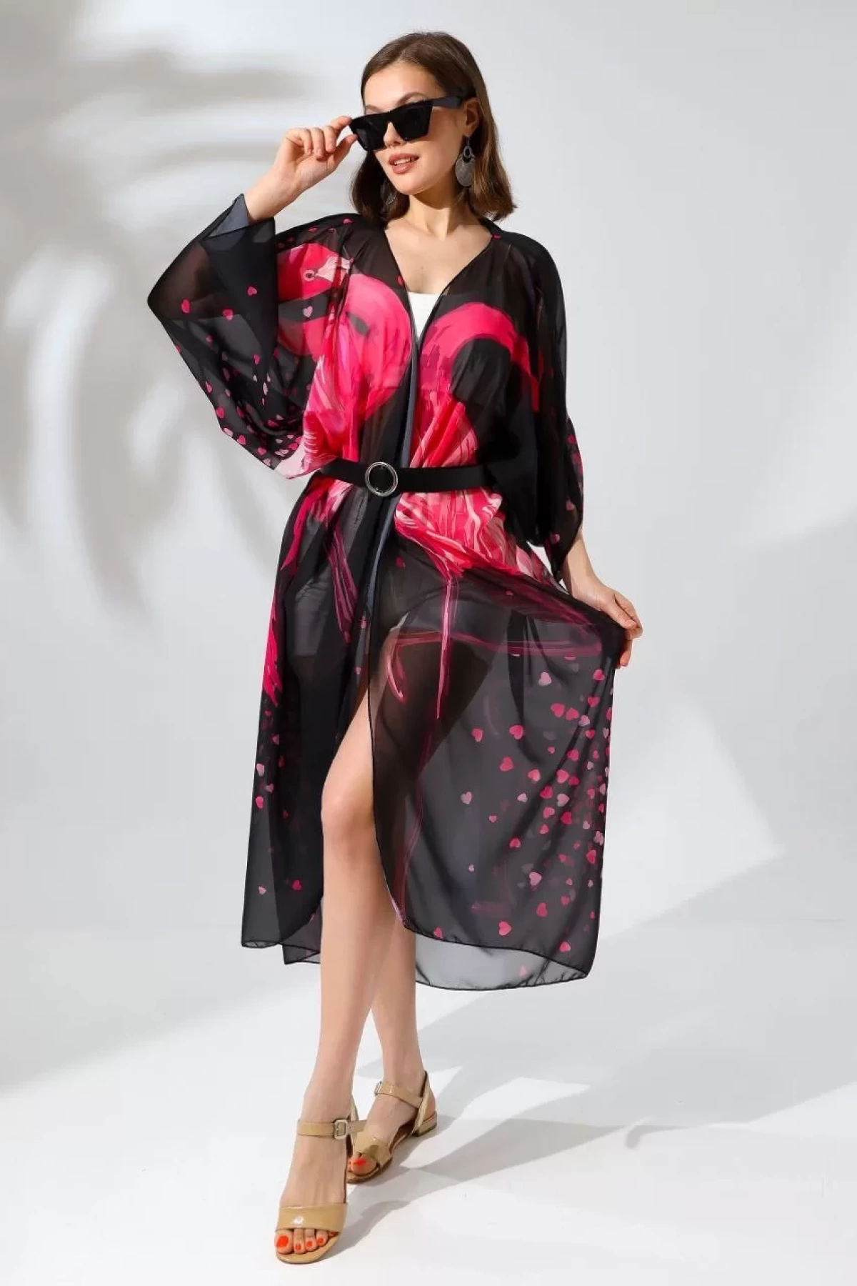 Kadın Rahat Kesim Kemerli Şifon Kimono - Siyah