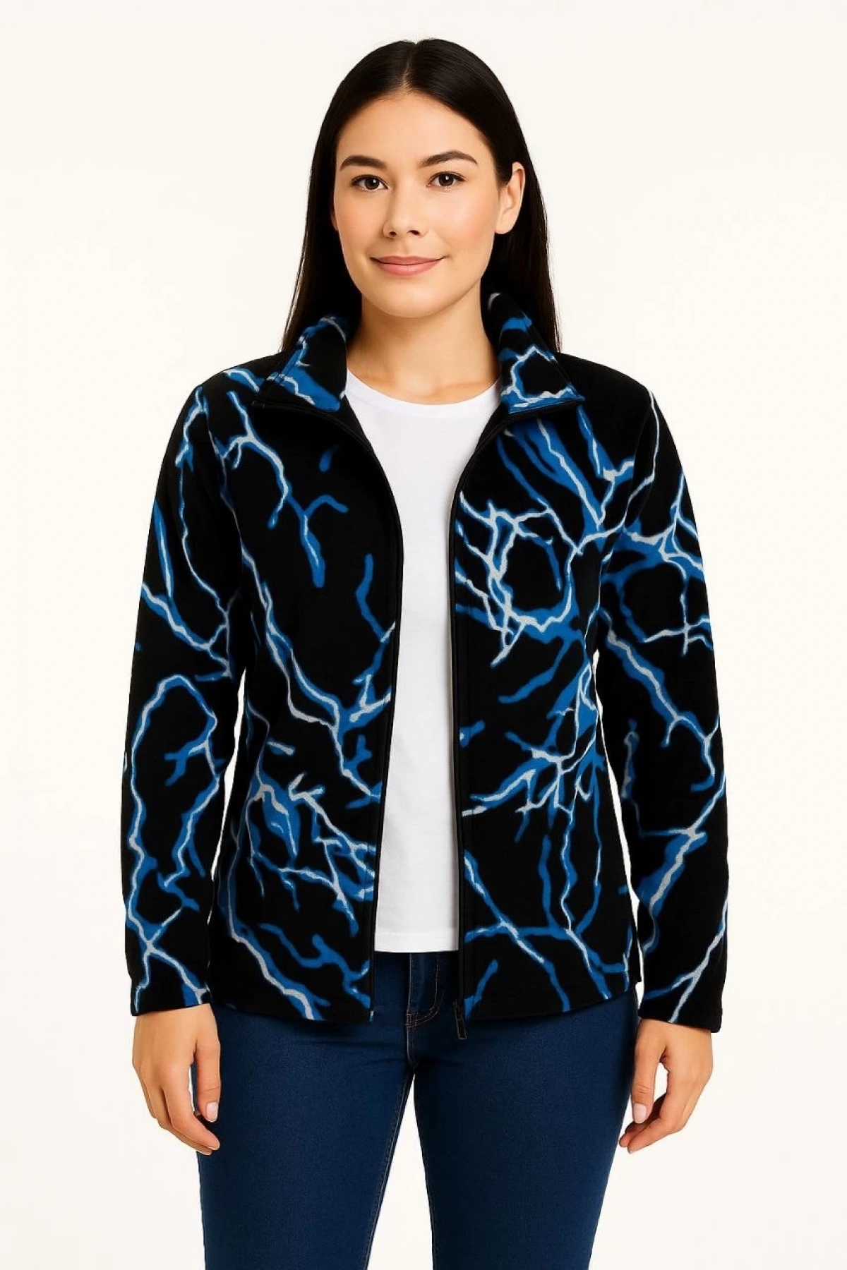 Kadın Tam Fermuarlı Desenli Polar Sweat Lightning Desen Yakalı, Uzun Kollu, Oversize Rahat Kalıp - Siyah