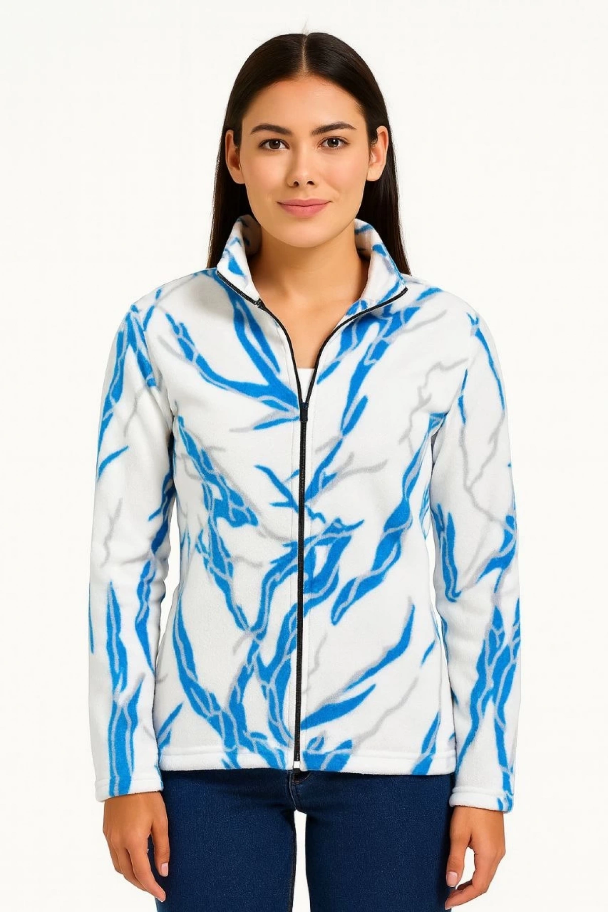 Kadın Tam Fermuarlı Desenli Polar Sweat Lightning Desen Yakalı, Uzun Kollu, Oversize Rahat Kalıp - Beyaz