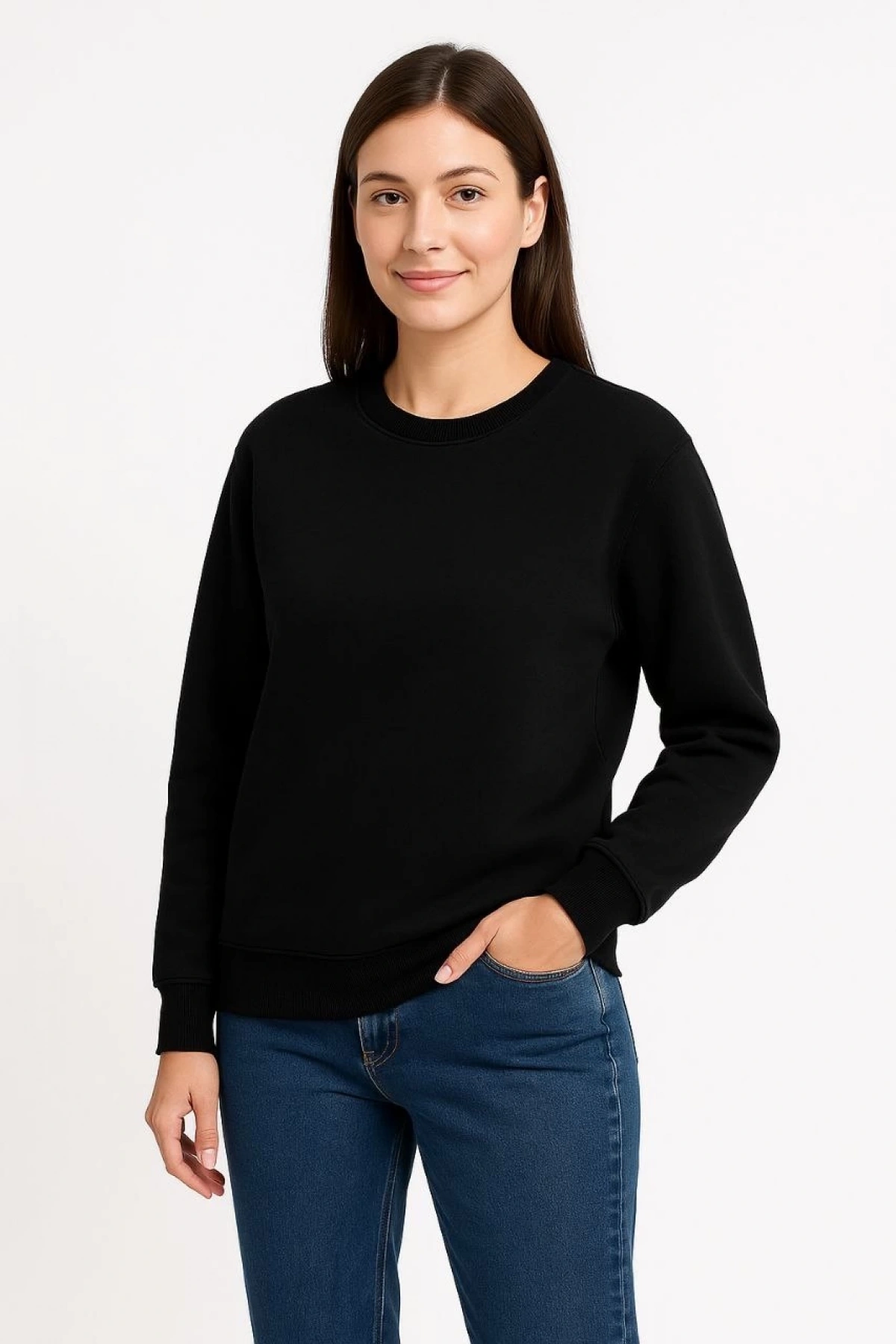 Kadın Üç İplik Düz Bisiklet Yaka SweatShirt - Siyah