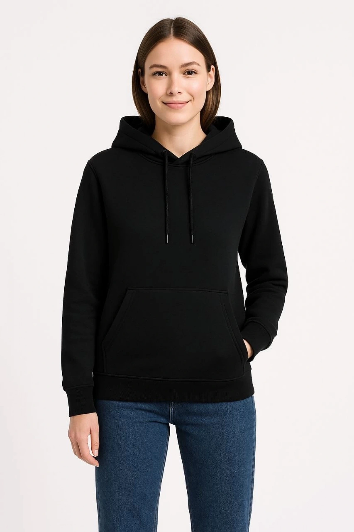 Kadın Üç İplik Kapüşonlu Kanguru Cepli Sweatshirt hoodie - Siyah