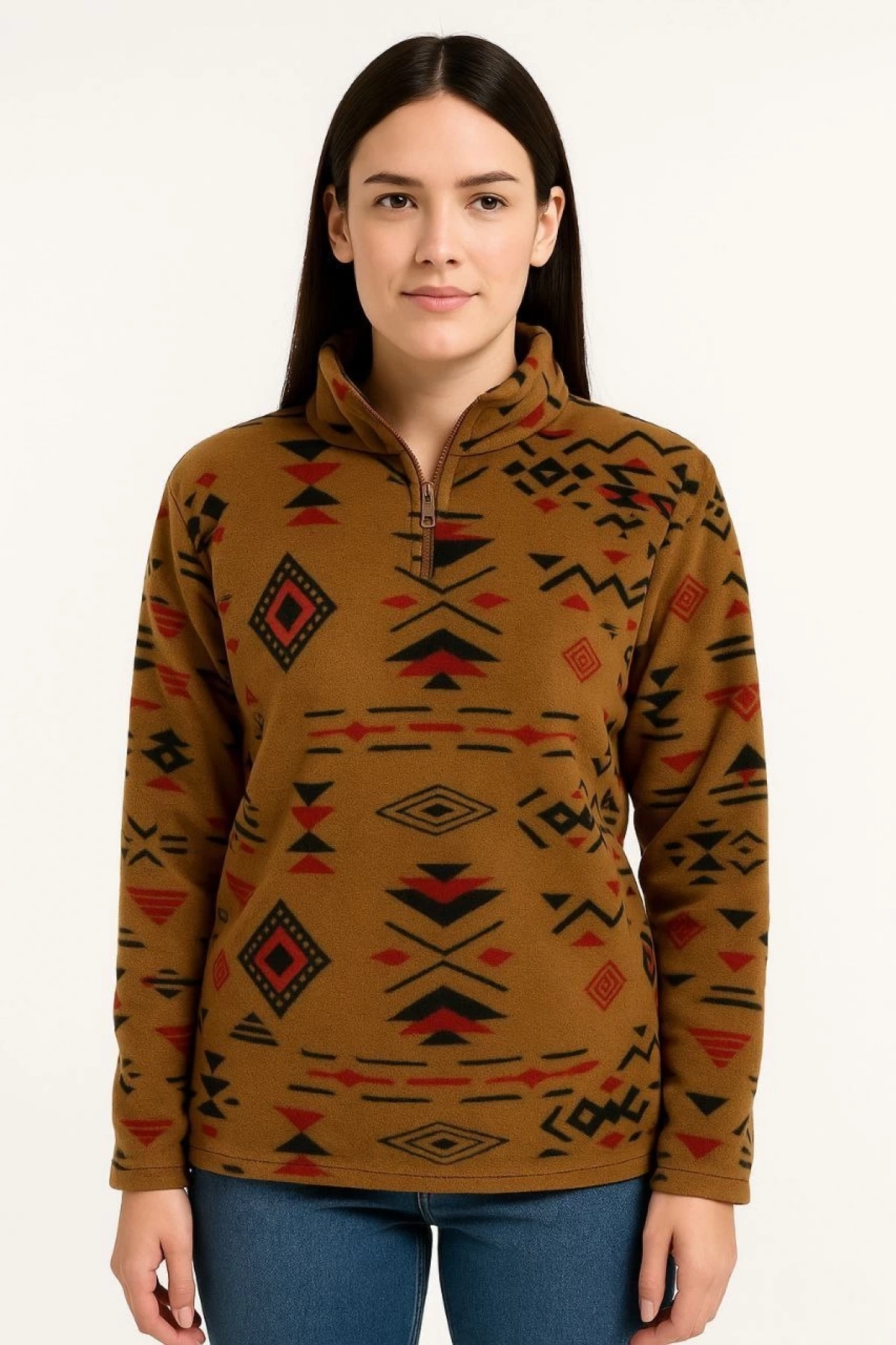 Kadın Yarım Fermuarlı Desenli Polar Sweat Tribal Etnik Desen Yakalı, Uzun Kollu, Oversize Rahat Kalıp - Kahverengi