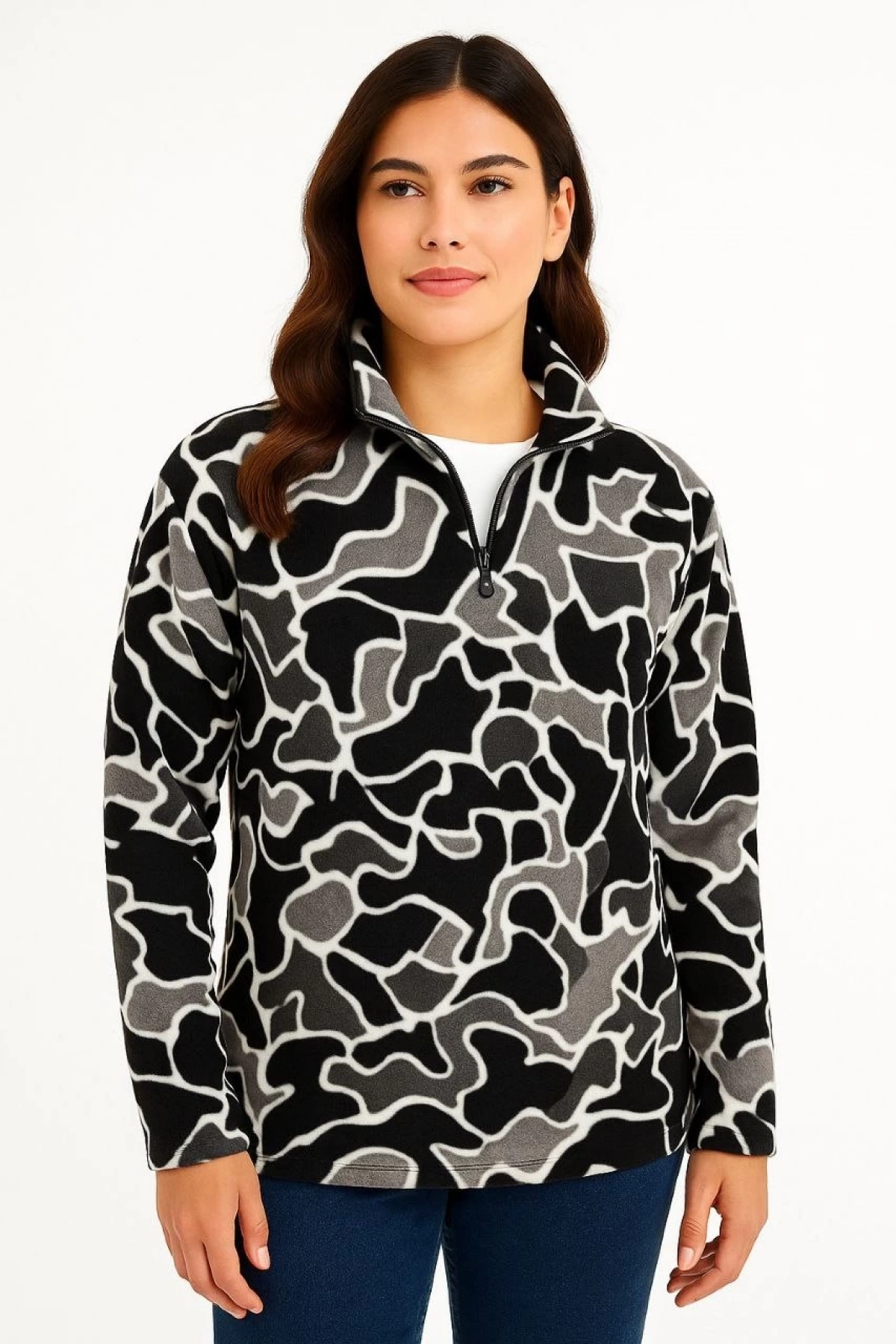 KADIN Yarım Fermuarlı Desenli Polar Sweat Yakalı, Uzun Kollu, Oversize Rahat Kalıp - Siyah