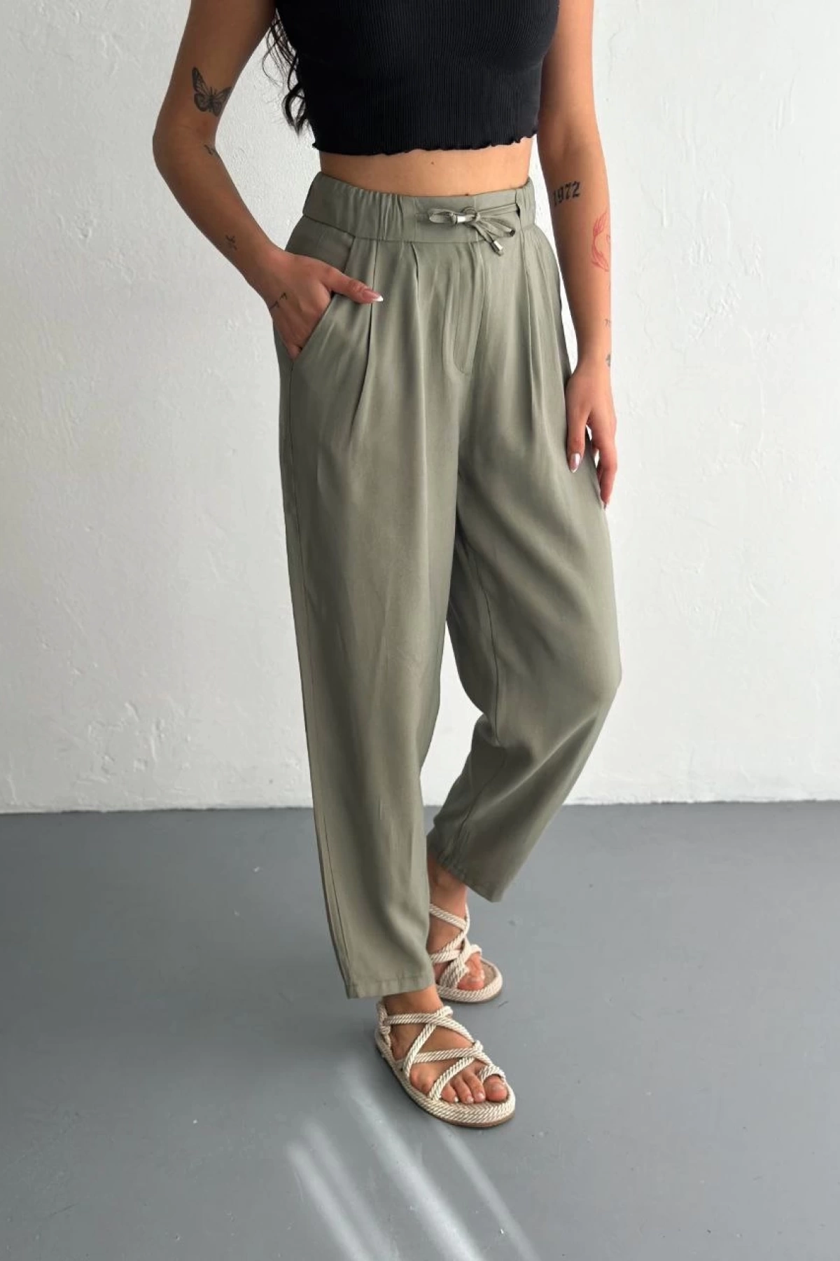 Kadın Yüksel Bel Rahat Paça Pantalon - Su Yeşili
