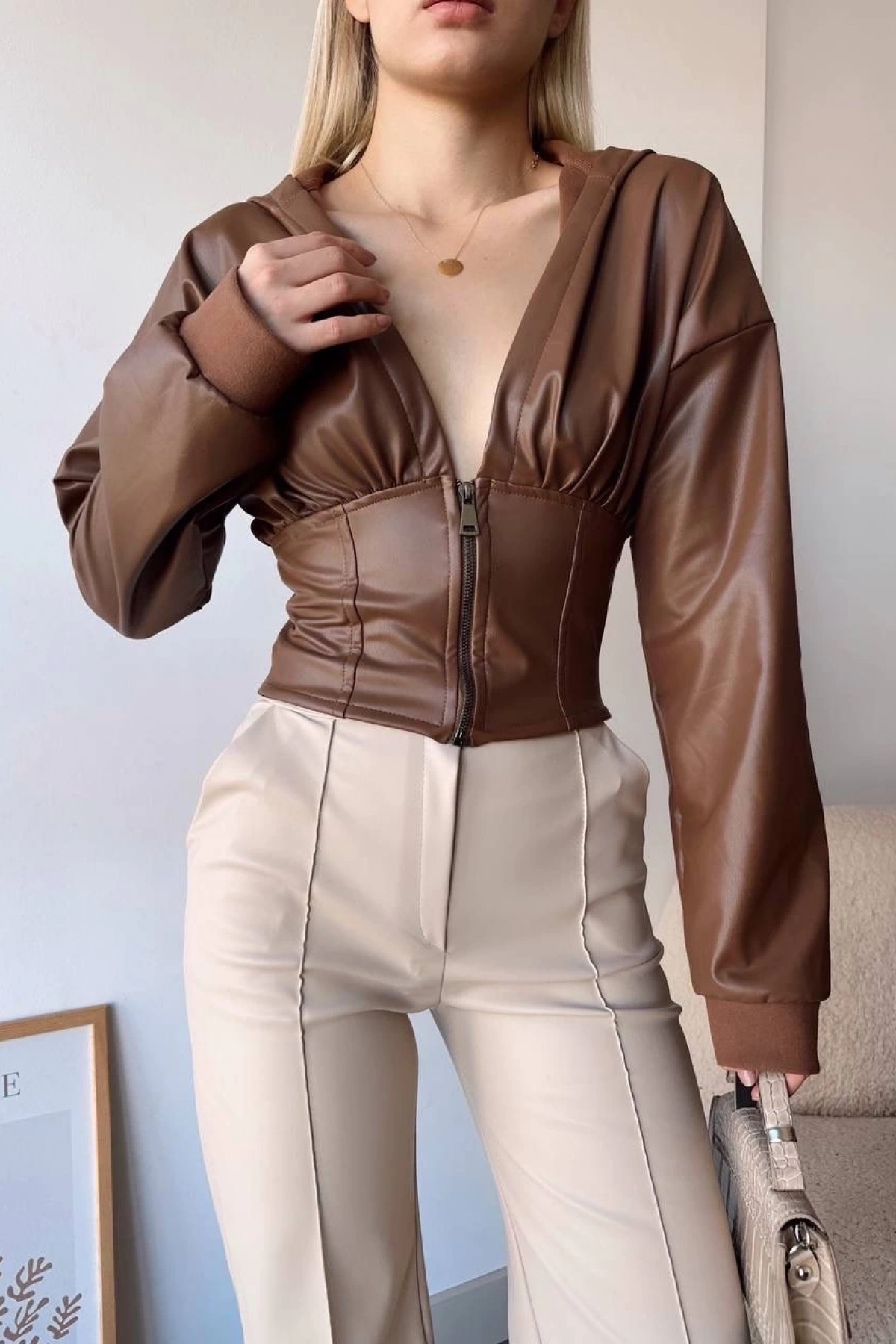 Kapşonlu yarım fermuarlı ceket kahve h24116