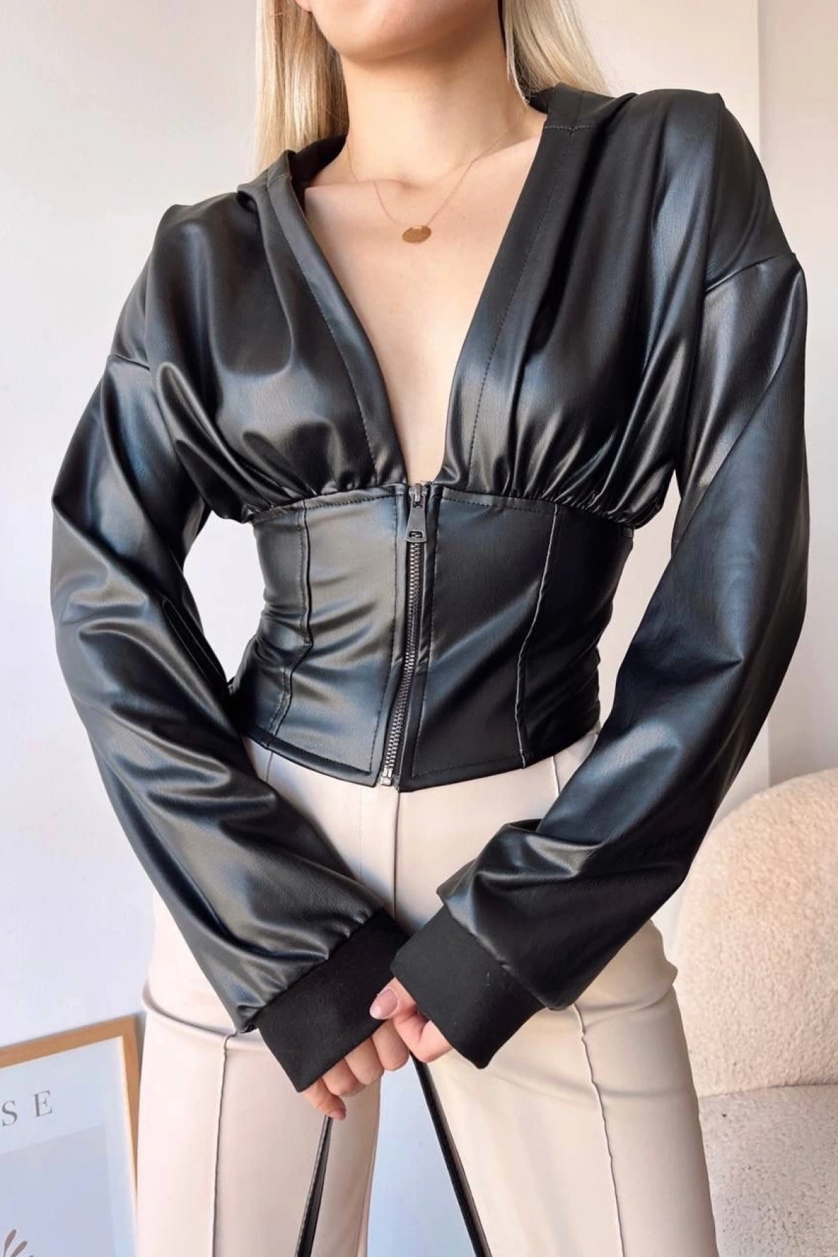 Kapşonlu yarım fermuarlı ceket siyah h24116