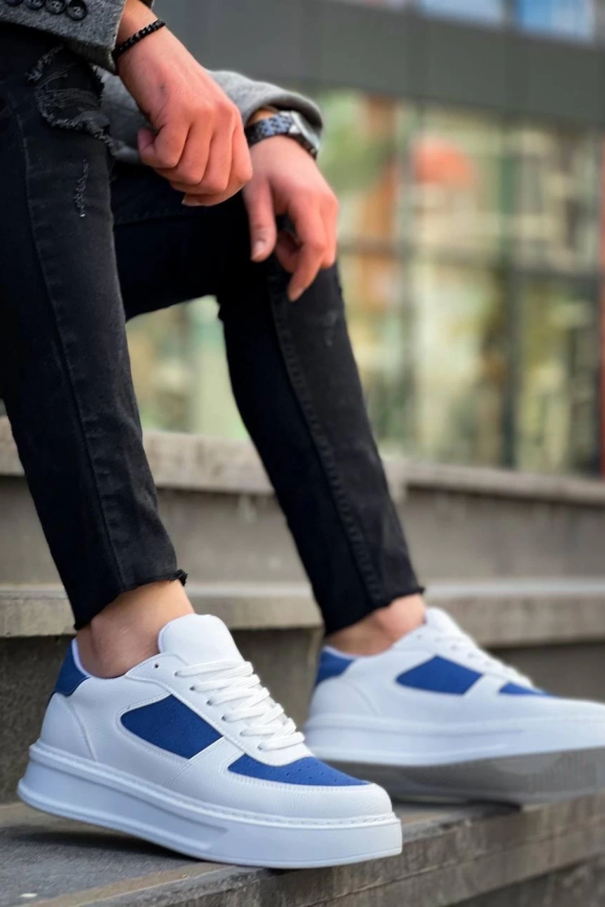 KB-X8 Kuback Beyaz Cilt Mavi Süet Detaylı Beyaz Yüksek Taban Günlük Spor Ayakkabı