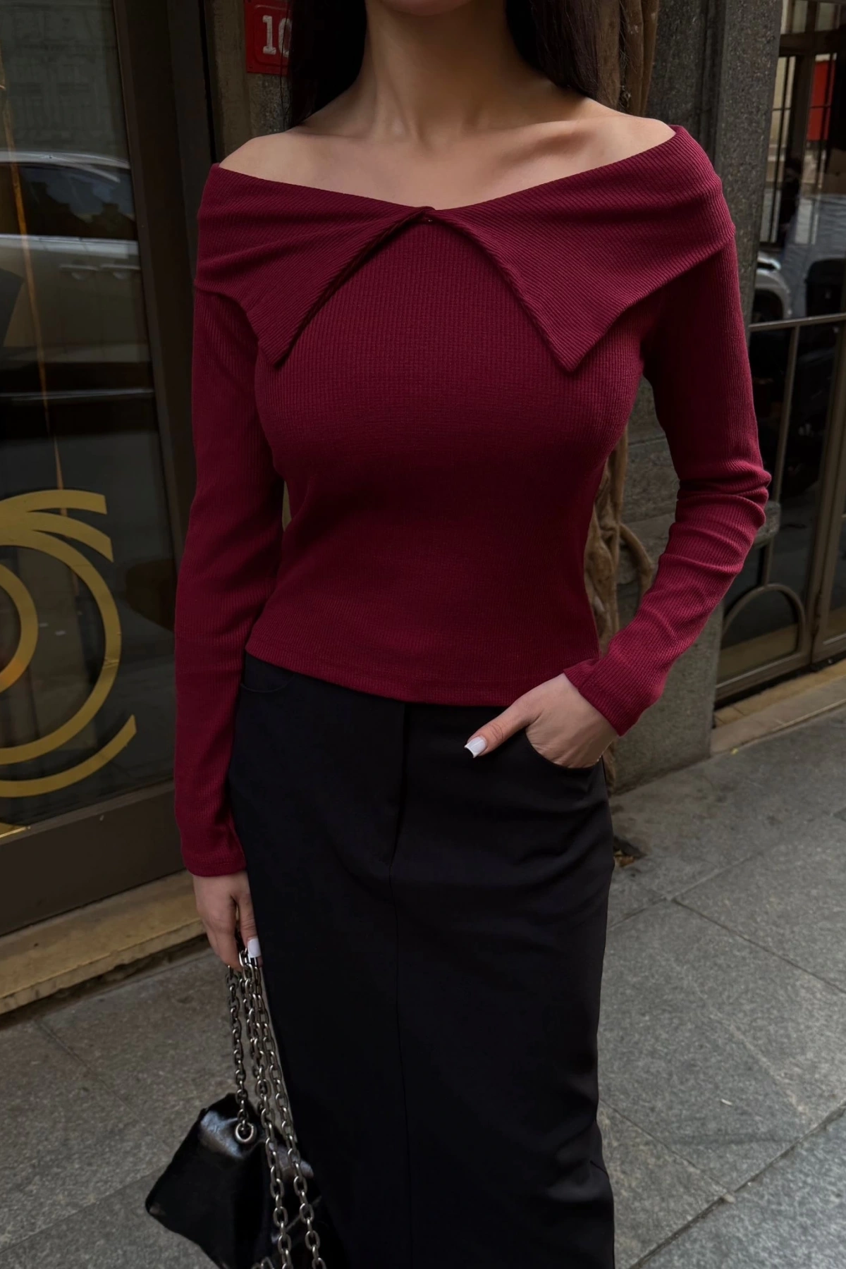 Kelebek yaka uzun kol bluz bordo