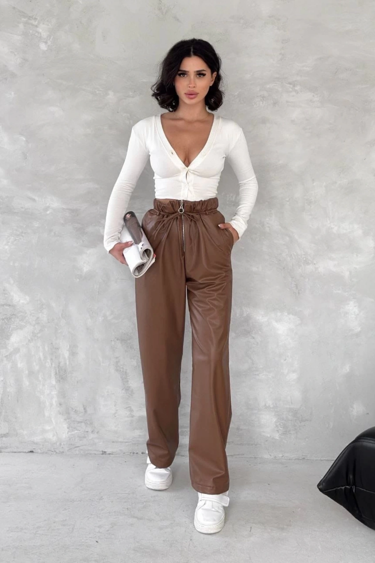 Kendinden ince kemerli deri pantolon kahve t1178