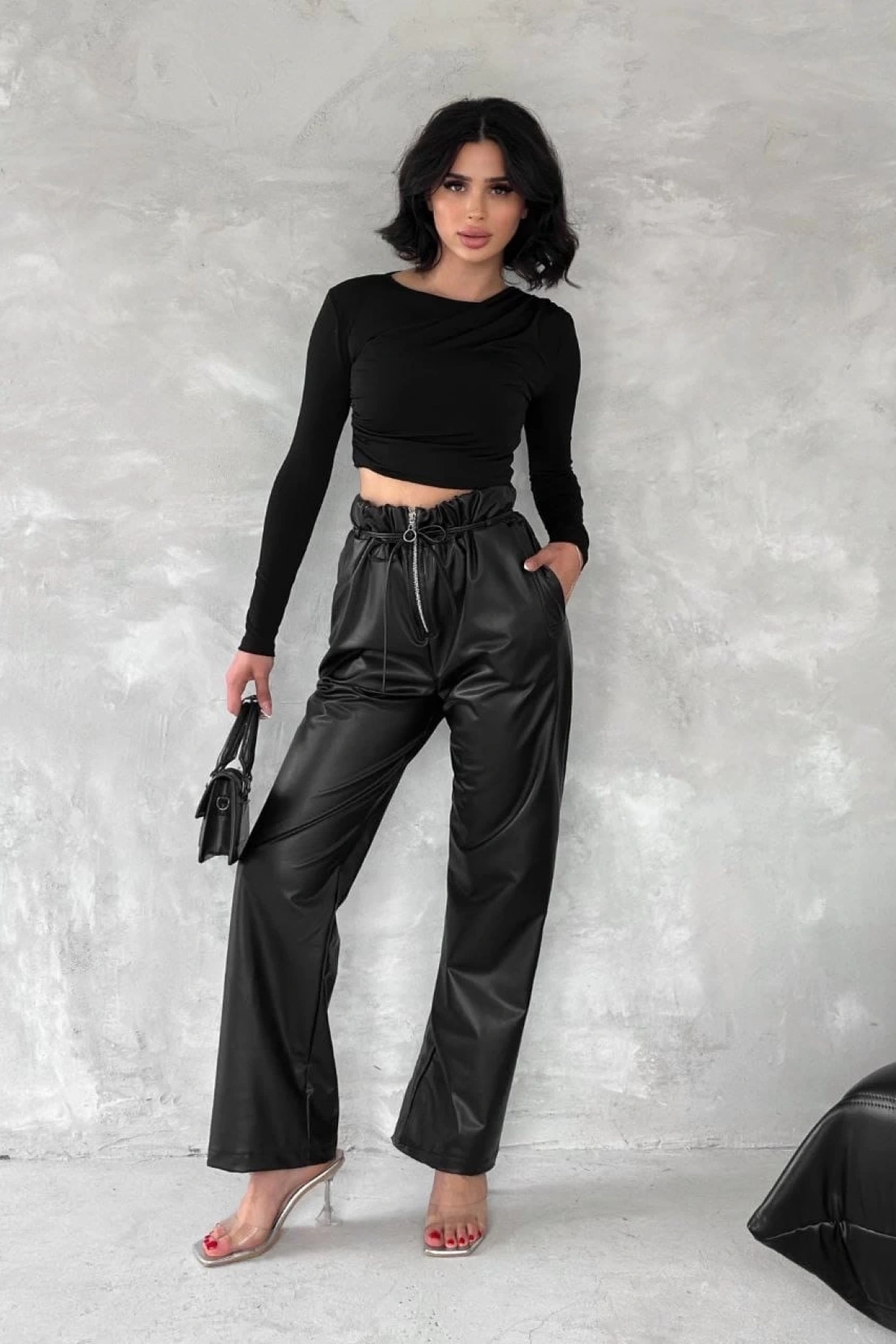 Kendinden ince kemerli deri pantolon siyah t1178