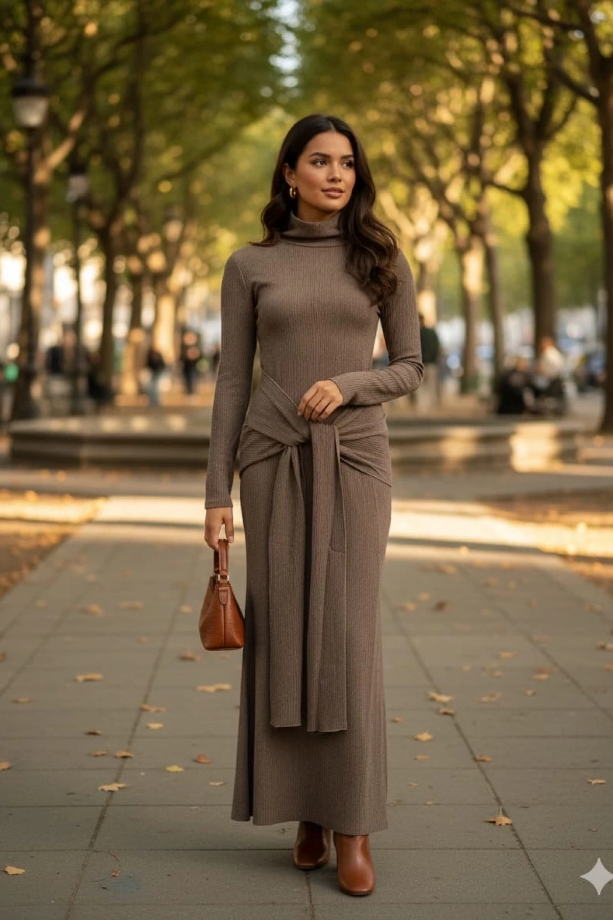 Kendinden kemerli uzun elbise vizon