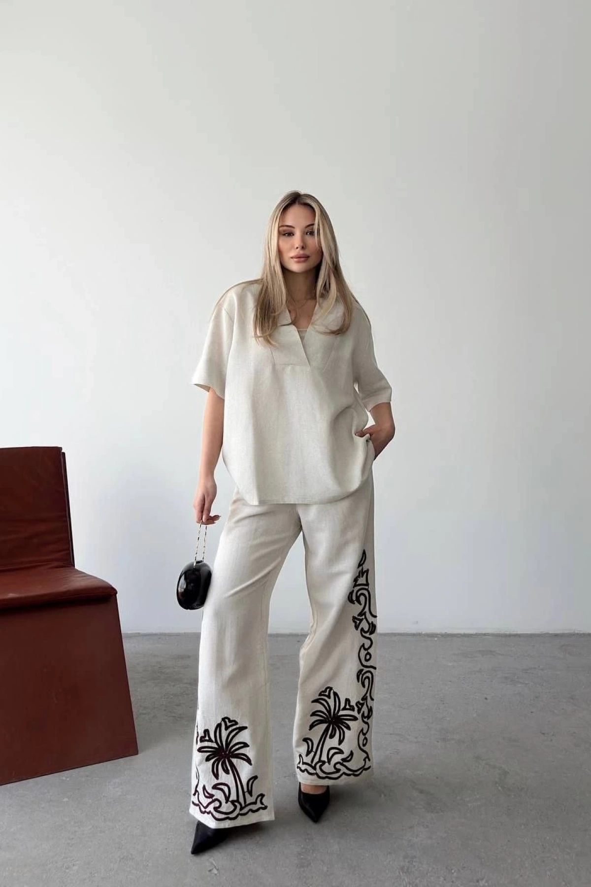 Keten Kısa kolu V Yaka Bluz Pantolon ikili Takım- Beyaz
