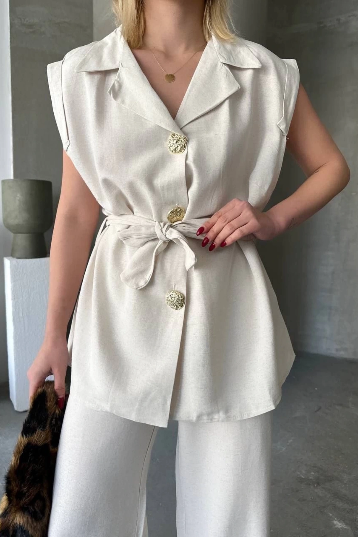 Keten Sıfır Kol Kuşaklı Ceket Pantolon ikili Takım - Beyaz