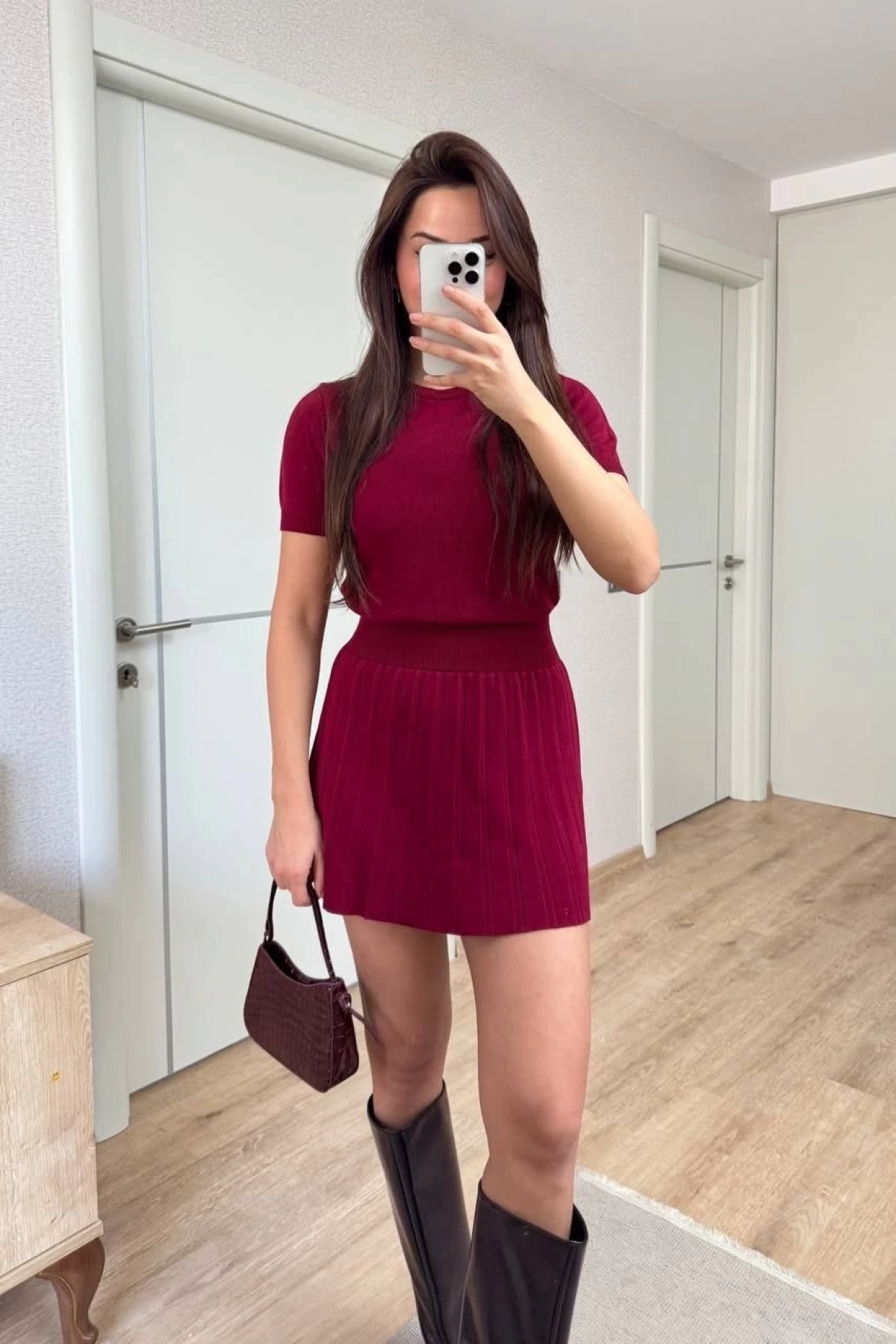 Kısa Kollu Bluz Mini Etekli ikili Takım Triko - Bordo