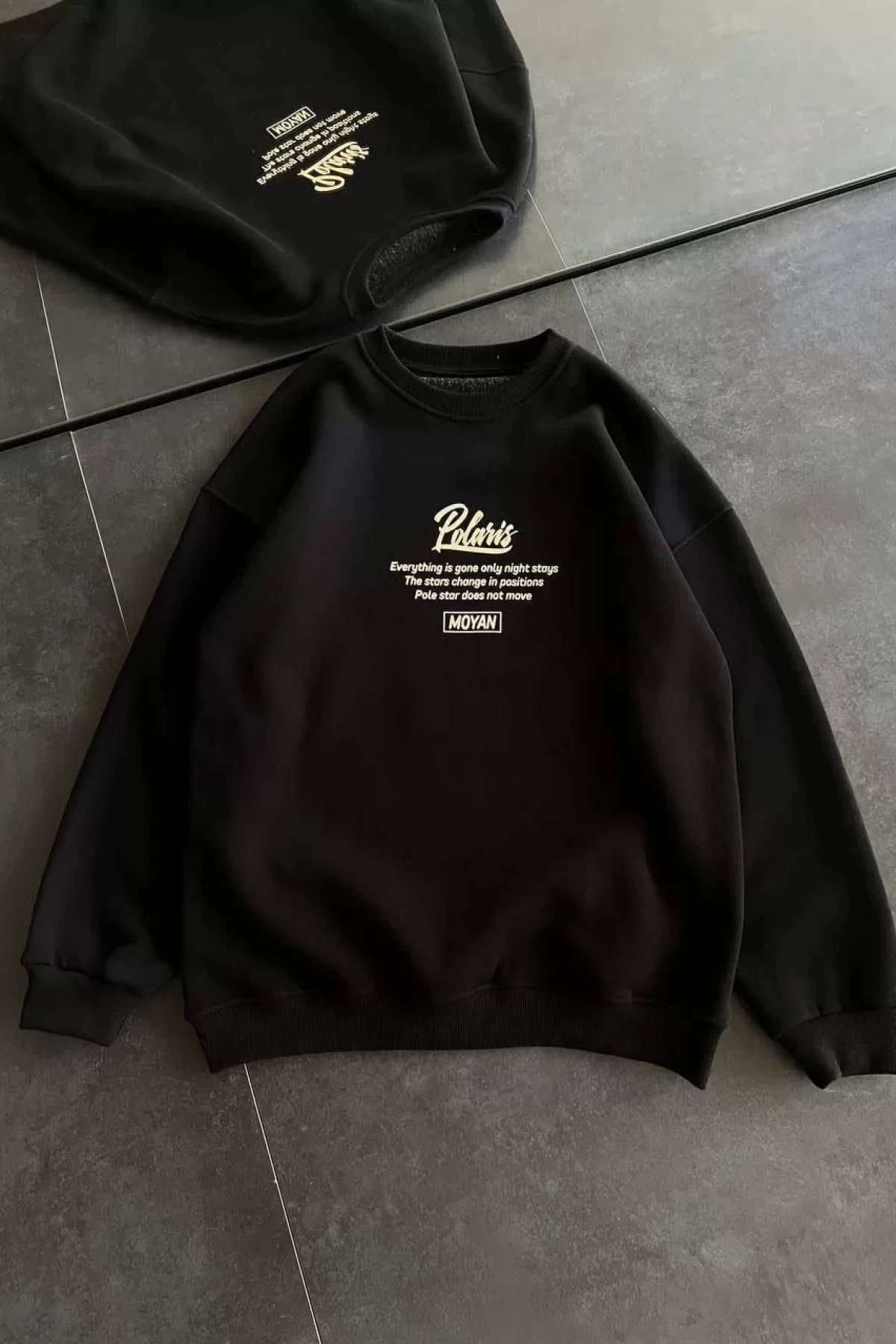 Kışlık Bisiklet Yaka Ön Ve Arka Baskılı SweatShirt - Siyah