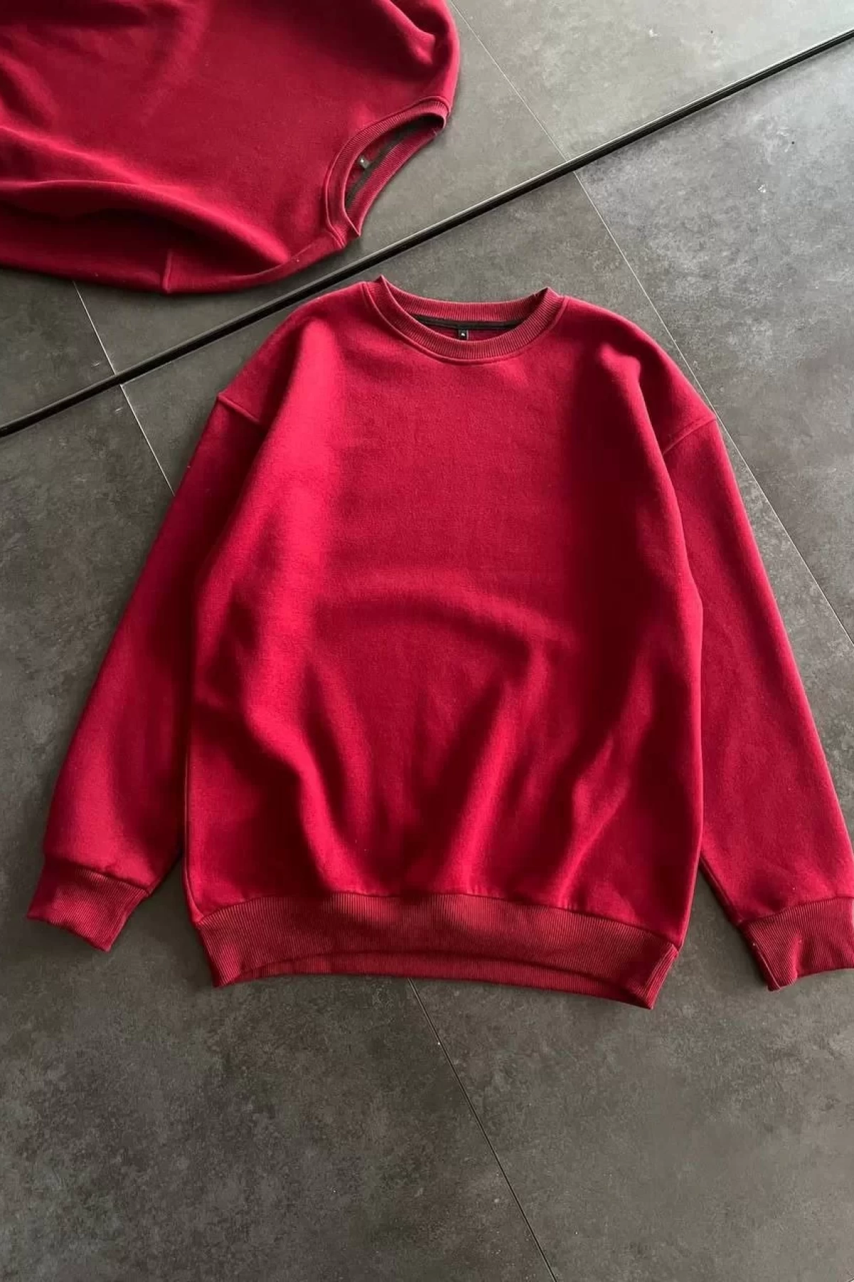 Kışlık Bisiklet Yaka Üç İplik Basic SweatShirt - Bordo