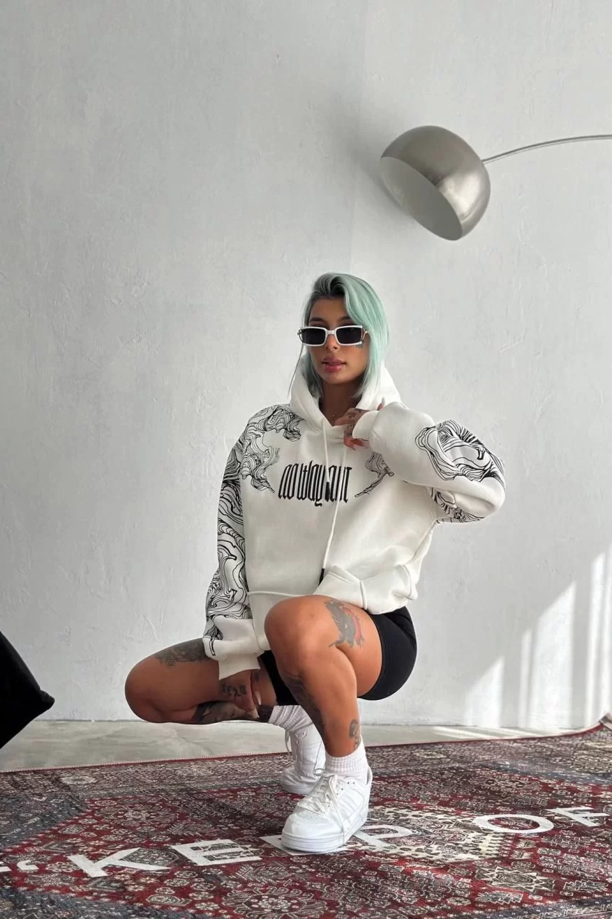 Kışlık Üç İplik Baskılı Kapşonlu SweatShirt - Beyaz