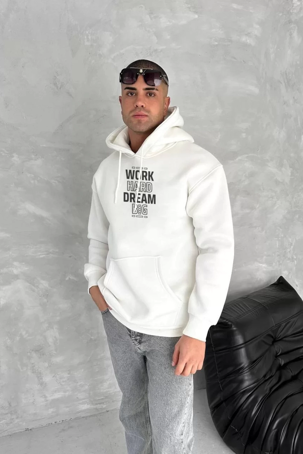 Kışlık Üç İplik Kapşonlu SweatShirt - Beyaz