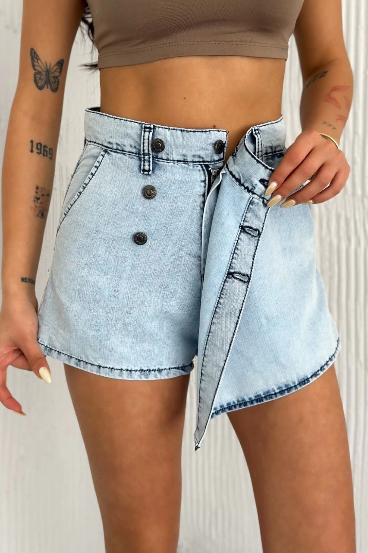Kot Jeans Kesimetrik Kesim Cepli Şortlu Etek - Gri