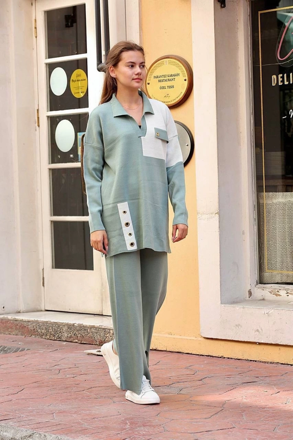 Kuş gözü triko takım Mint