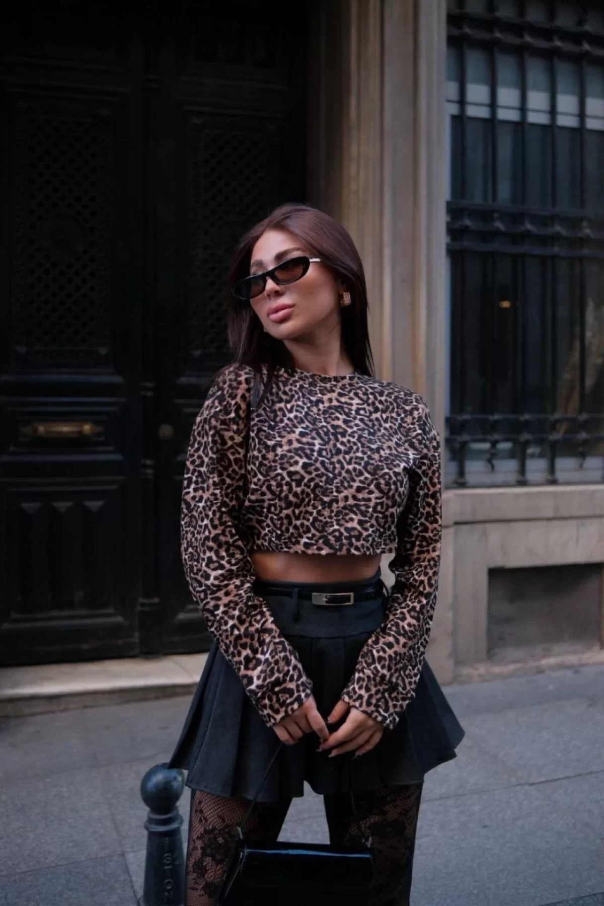 Leopar desenli Uzun Kollu Crop - Leopar