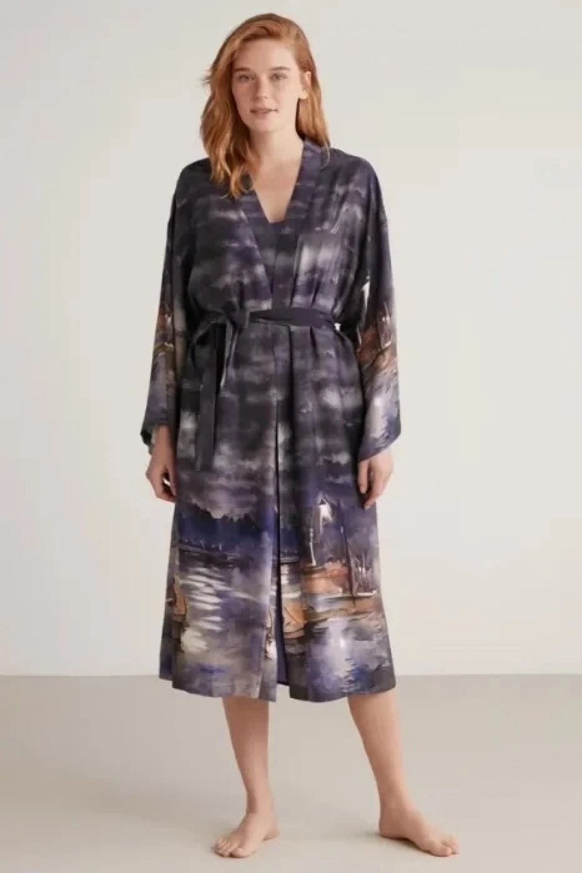 Nautıca W603 Kadın Baskılı Uzun Gecelik ve Sabahlık Takımı