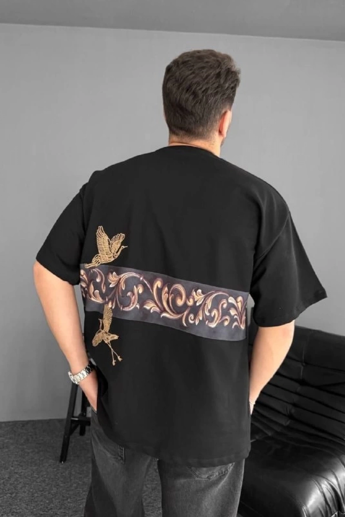 Ön ve Arka Baskılı Oversize Bisiklet Yaka T-shirt - Siyah