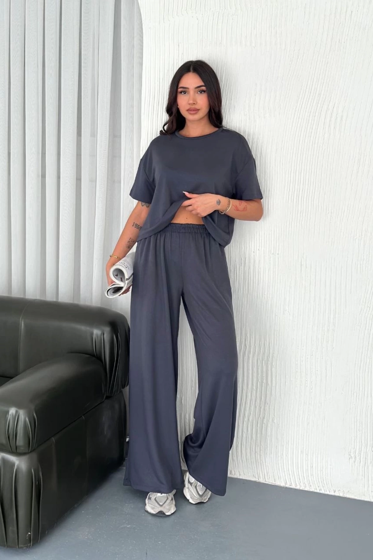 Osy Modal Yumuşak Dokulu Kumaş Bisiklet Yaka T-shirt Bol paça Pantalon ikili Takım -Antrasit