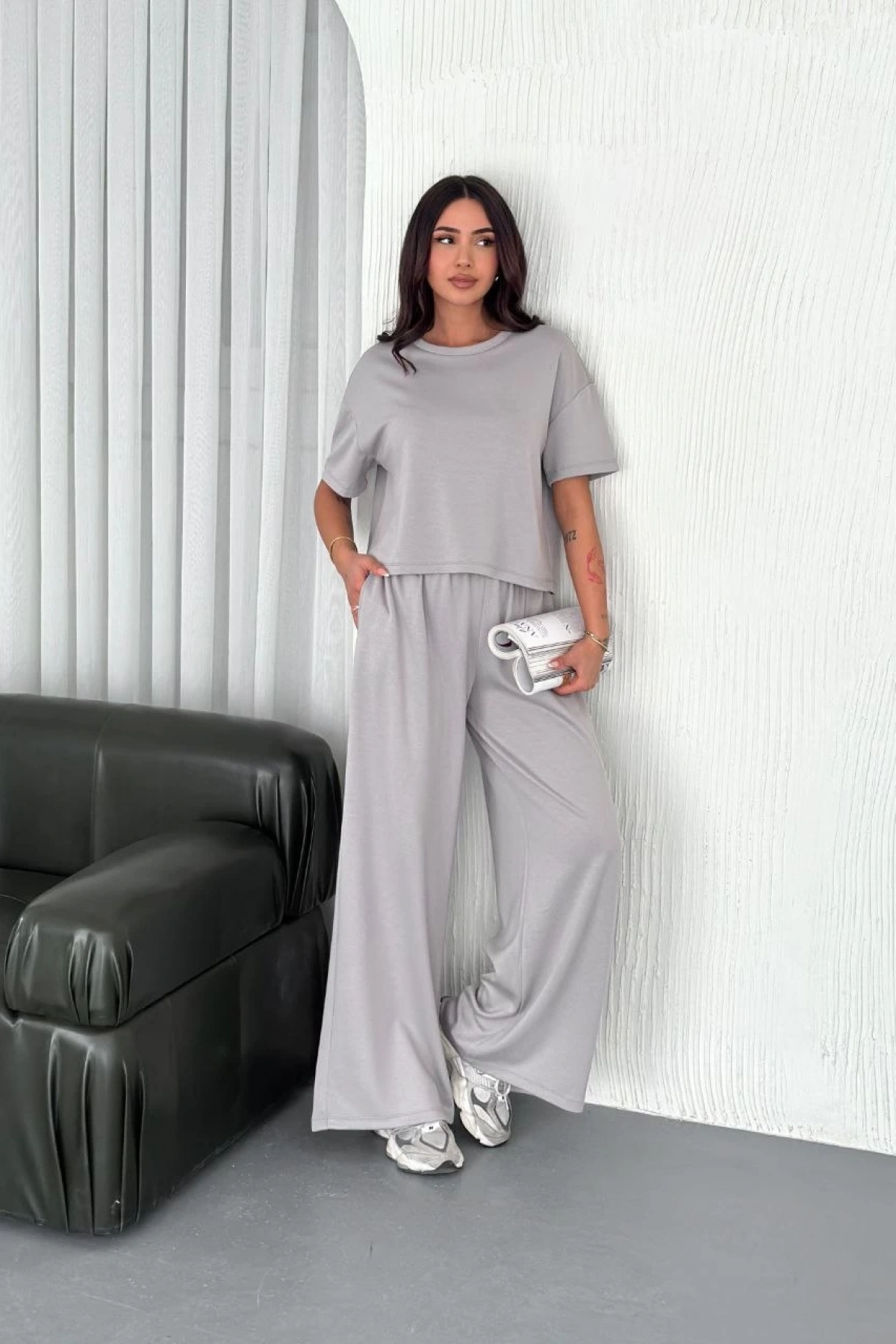 Osy Modal Yumuşak Dokulu Kumaş Bisiklet Yaka T-shirt Bol paça Pantalon ikili Takım - Boyalı Gri