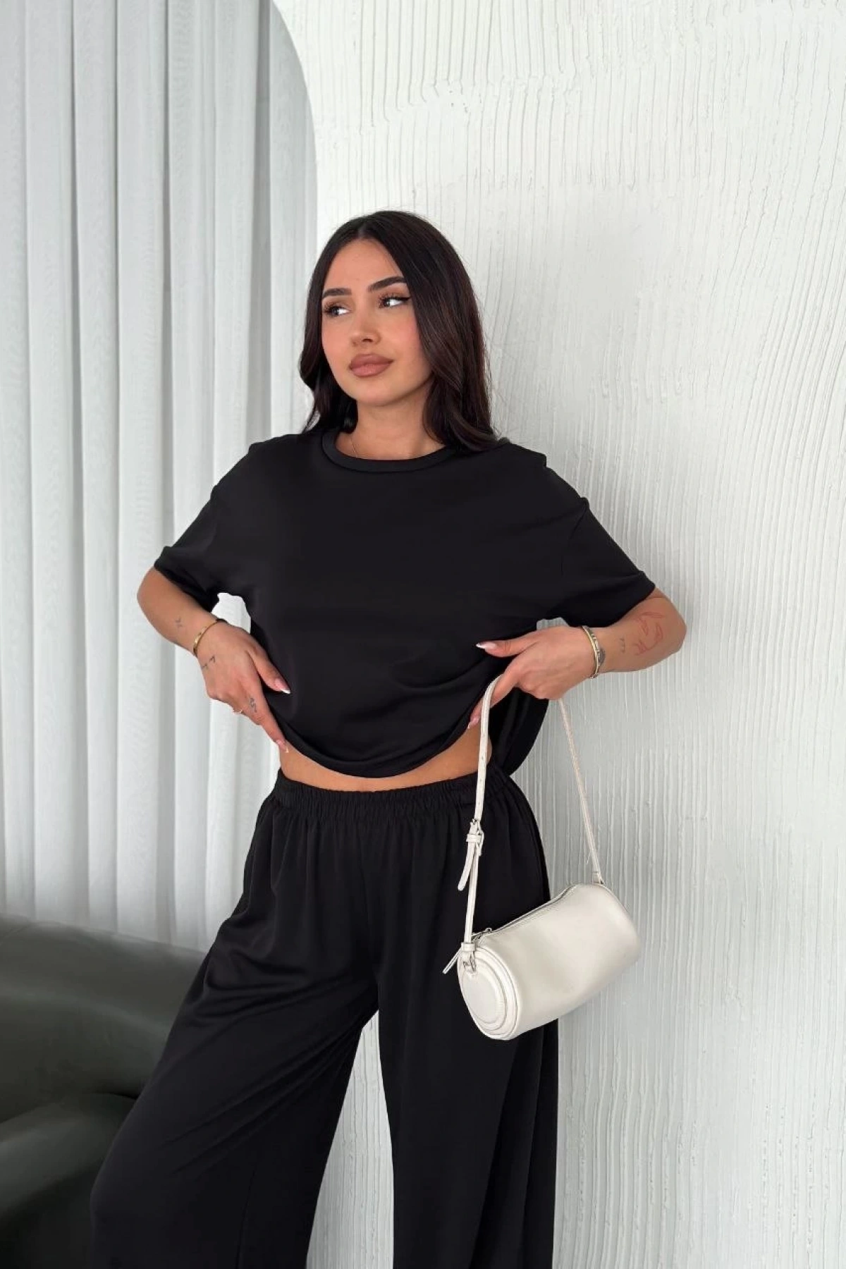 Osy Modal Yumuşak Dokulu Kumaş Bisiklet Yaka T-shirt Bol paça Pantalon ikili Takım -Siyah