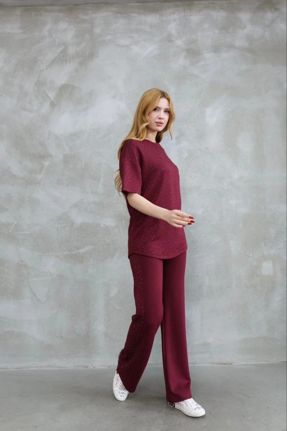 Osy Modal Yumuşak dokulu Kumaş Bisiklet Yaka Taş detaylı Kısa Kollu Takım - Bordo