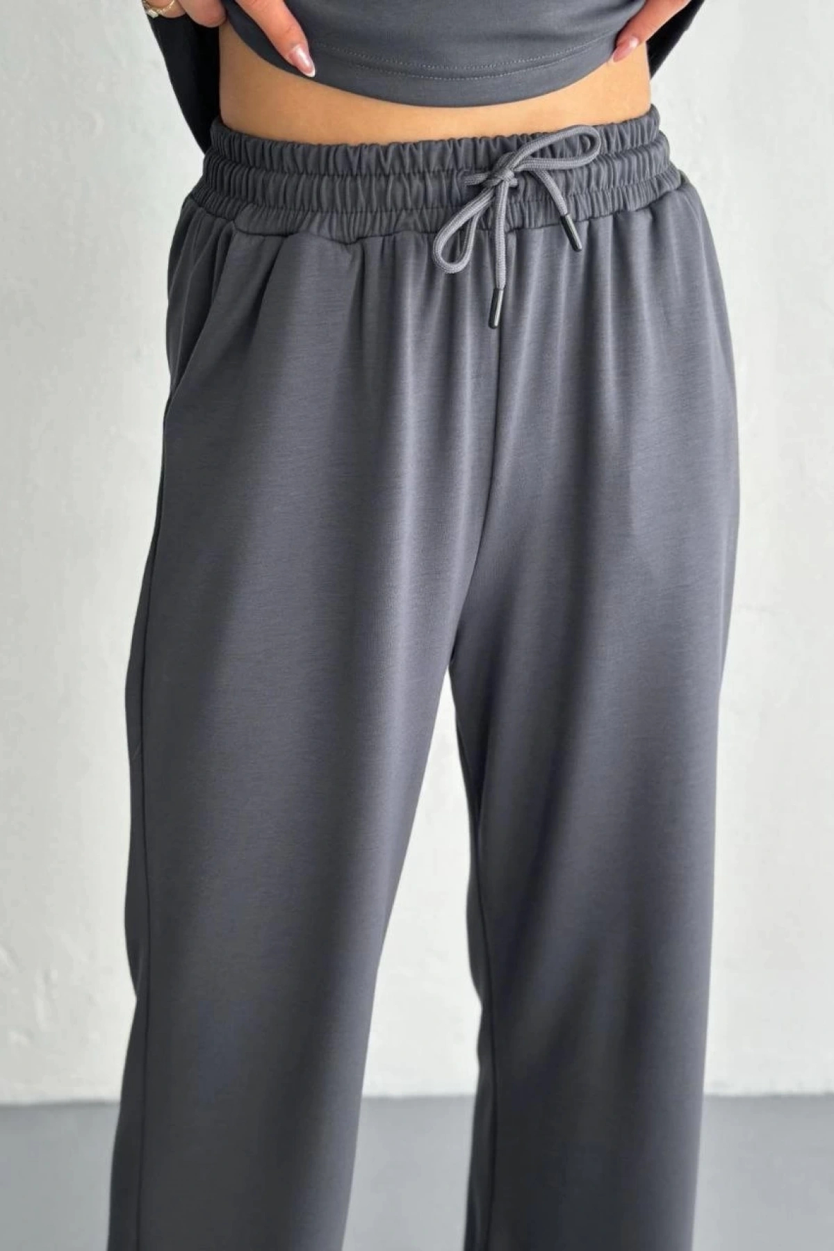 Osy Modal Yumuşak Dokulu Kumaş Kısa Kollu Yakalı T-shirt Pantalon ikili Takım- Antrasit