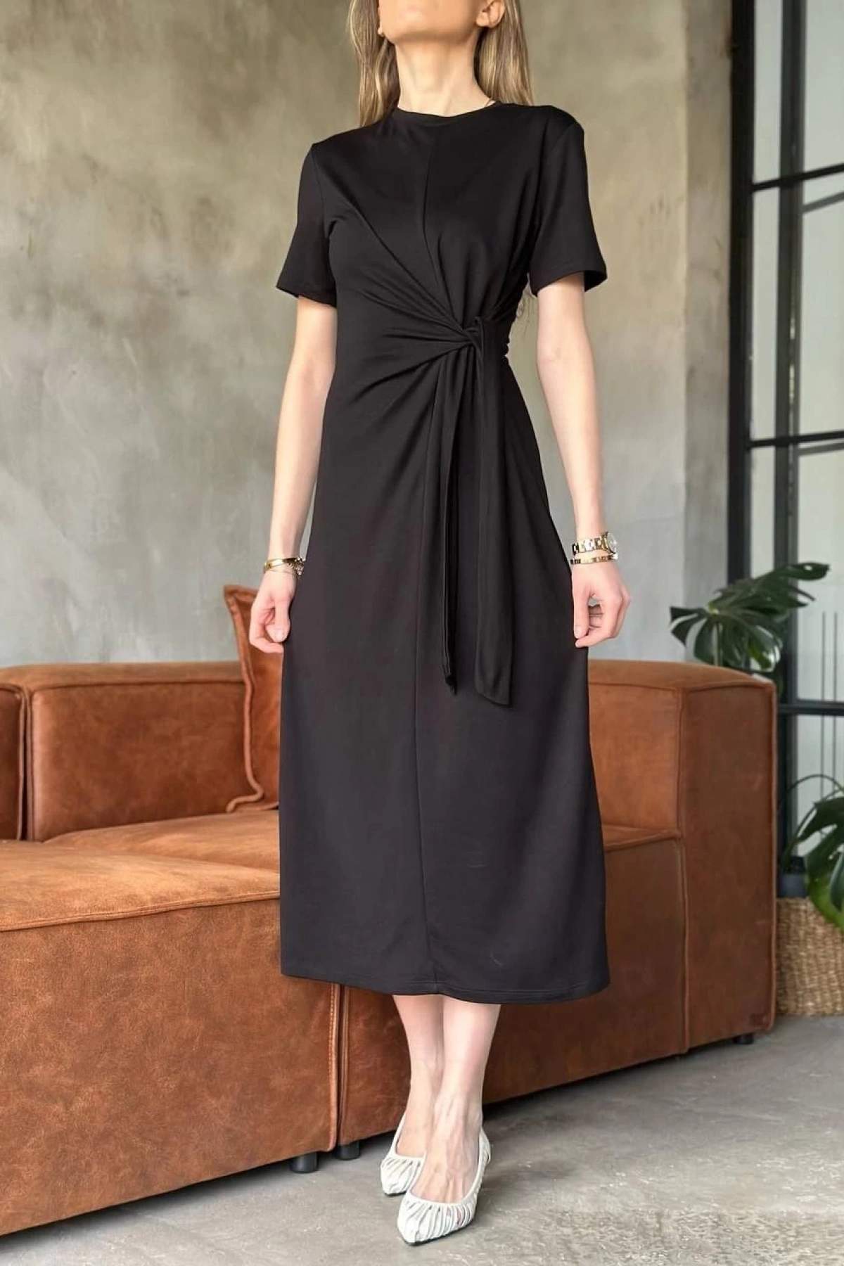Osy Modal Yumuşak Dokulu Kumaş Yandan Bağlamalı Elbise - Siyah